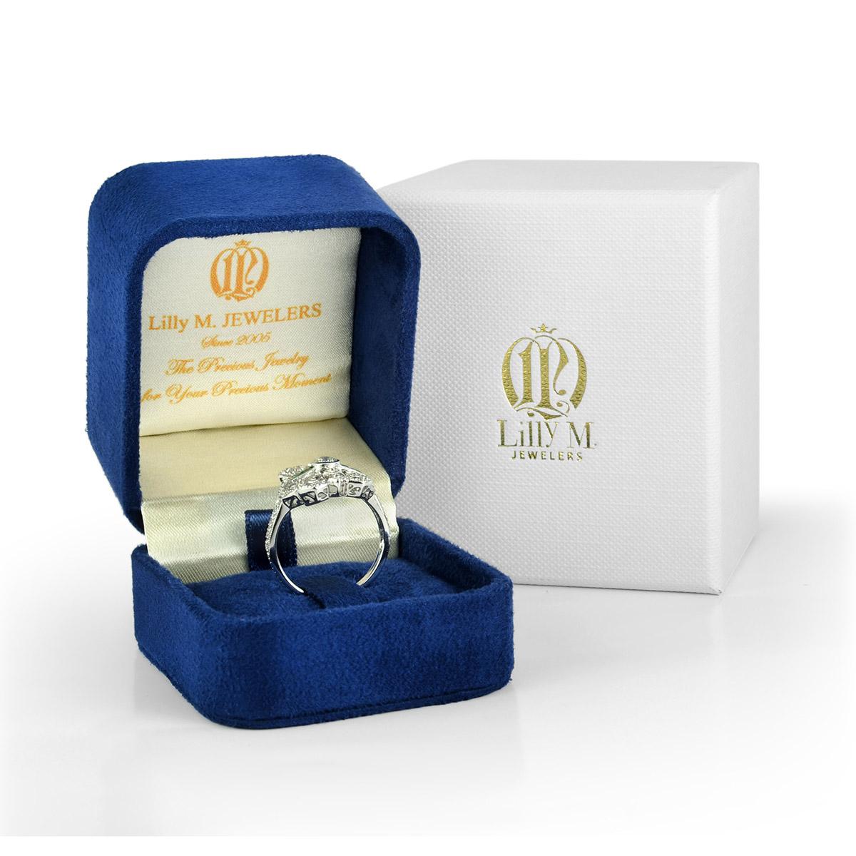 Aquamarine Blue Sapphire Diamond Art Deco Style Dinner Ring in 18K White Gold For Sale 3