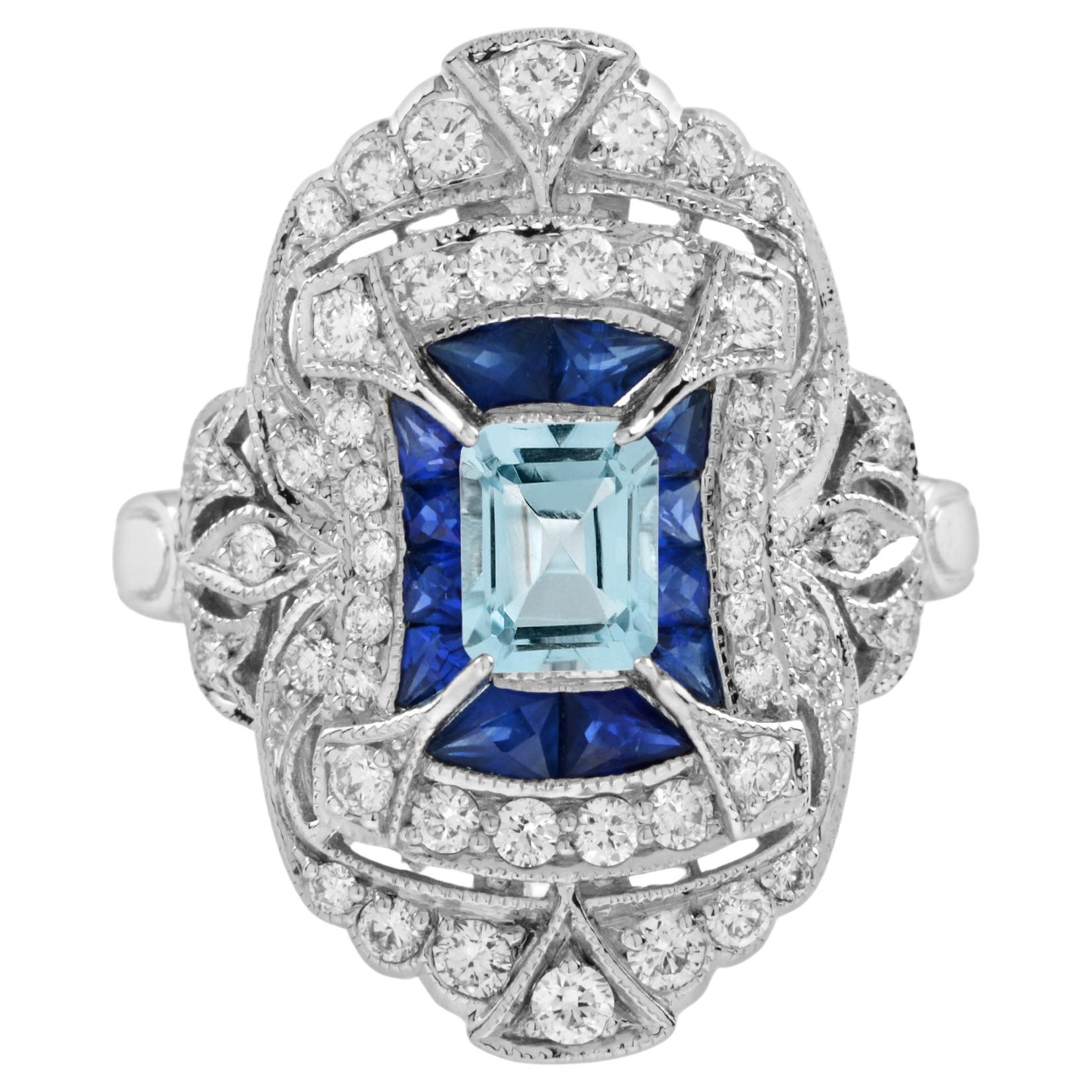 Aquamarine Blue Sapphire Diamond Art Deco Style Dinner Ring in 18K White Gold