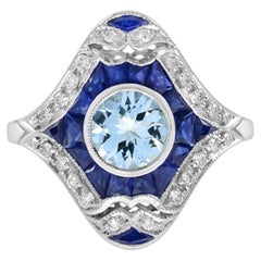 Aquamarine Blue Sapphire Diamond Art Deco Style Dinner Ring in 18K White Gold
