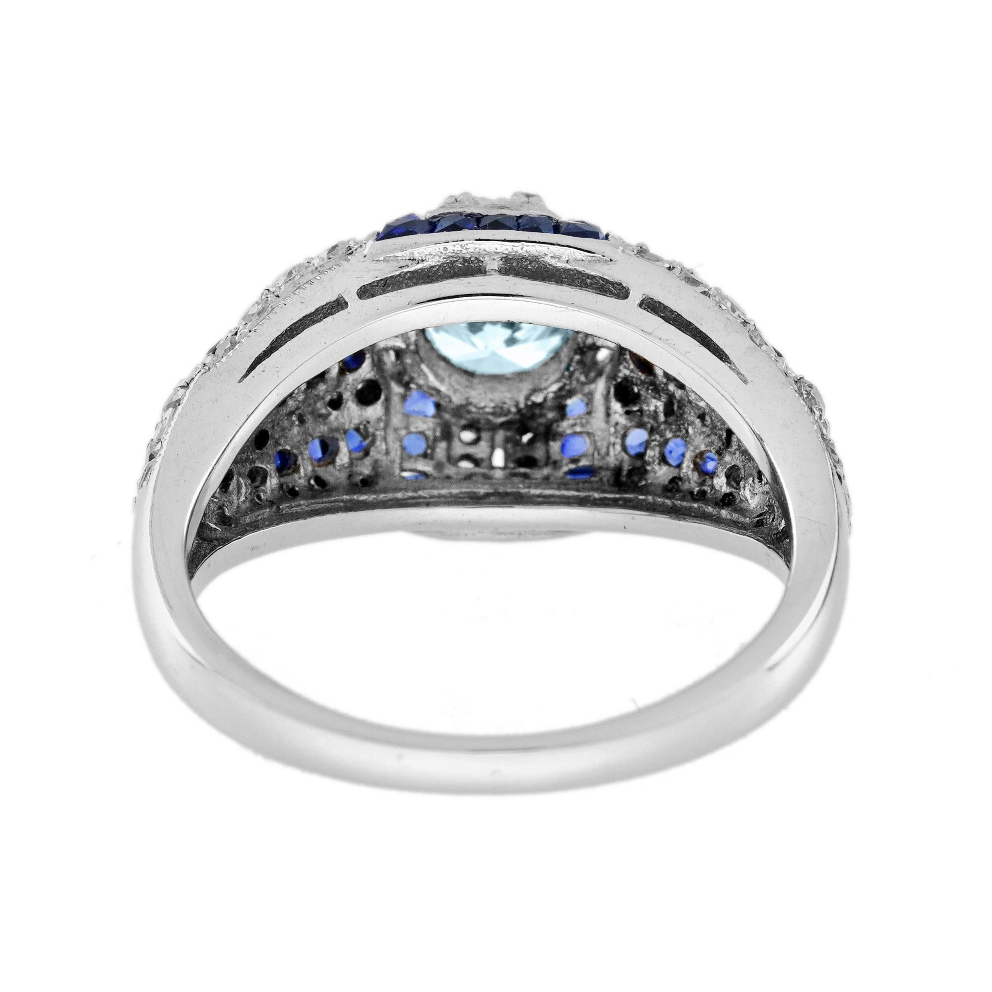 Women's Aquamarine Blue Sapphire Diamond Art Deco Style Dome Ring in 18K White Gold For Sale