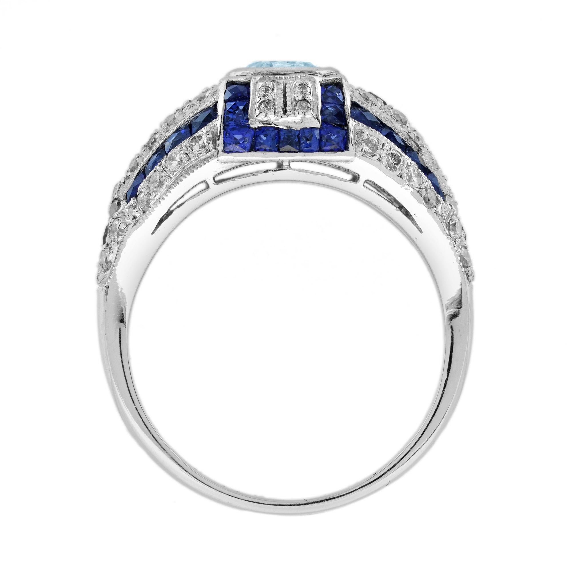 Aquamarine Blue Sapphire Diamond Art Deco Style Dome Ring in 18K White Gold For Sale 1