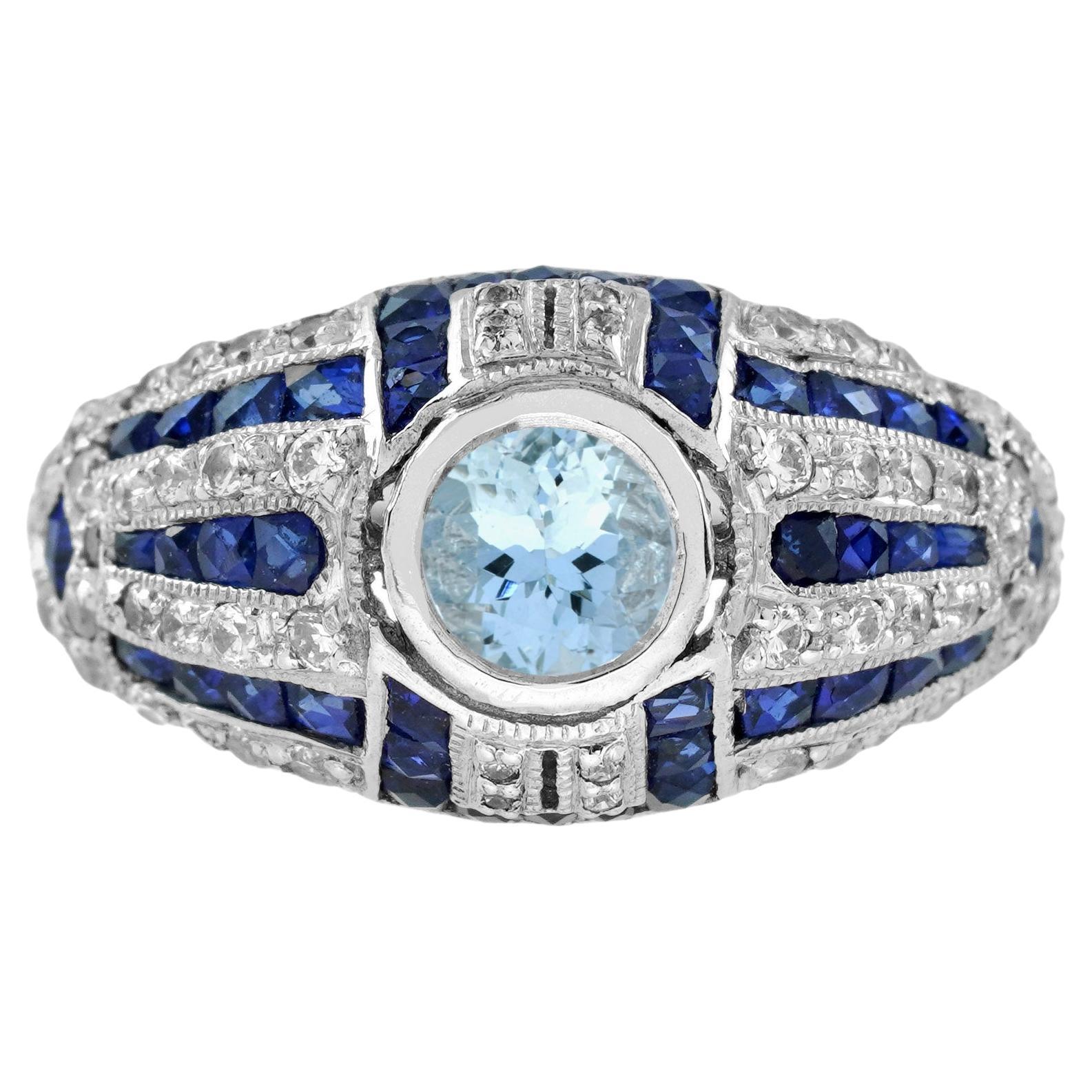 Aquamarine Blue Sapphire Diamond Art Deco Style Dome Ring in 18K White Gold