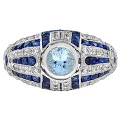 Aquamarine Blue Sapphire Diamond Art Deco Style Dome Ring in 18K White Gold