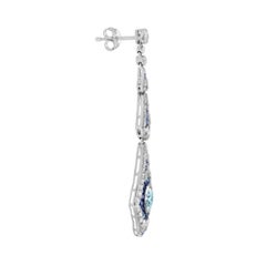 Aquamarine Blue Sapphire Diamond Art Deco Style Drop 14K White Gold Earrings