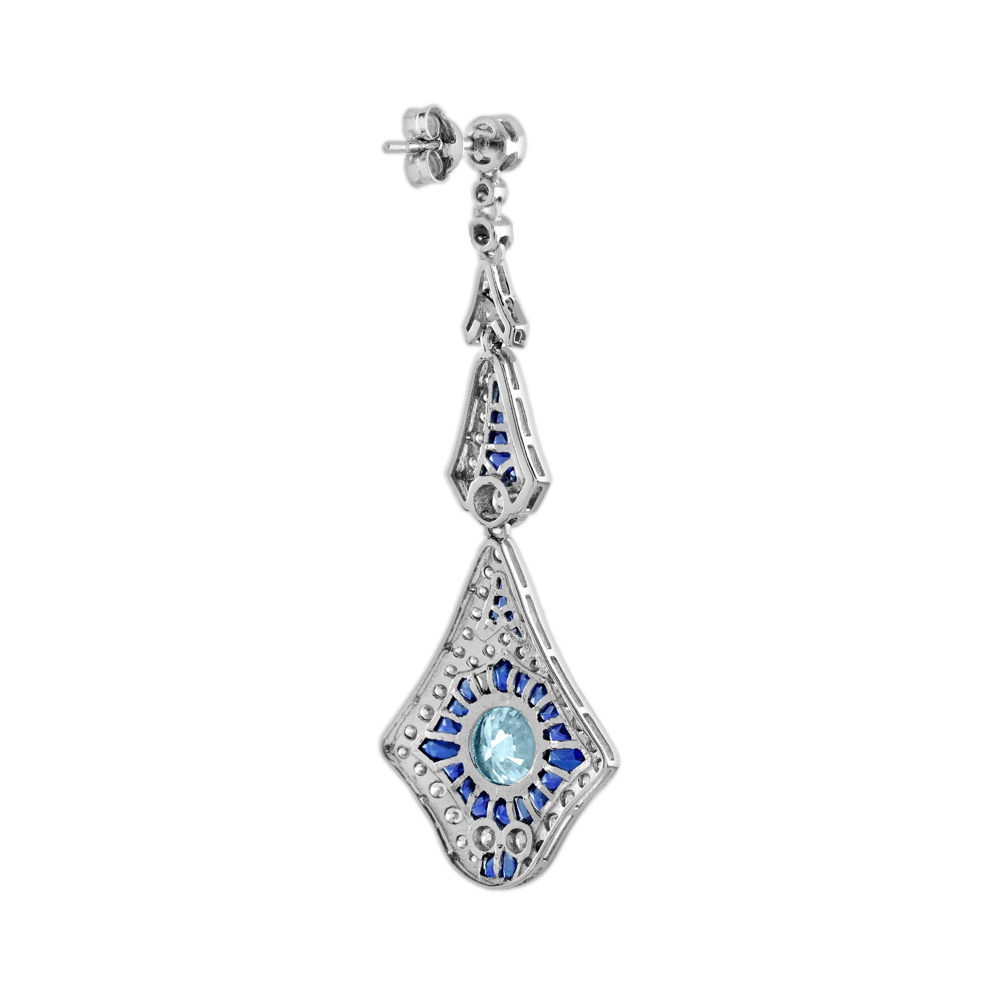 Aquamarin Blauer Saphir Diamant Art Deco Stil Tropfen 14K Weißgold Ohrringe (Art déco) im Angebot