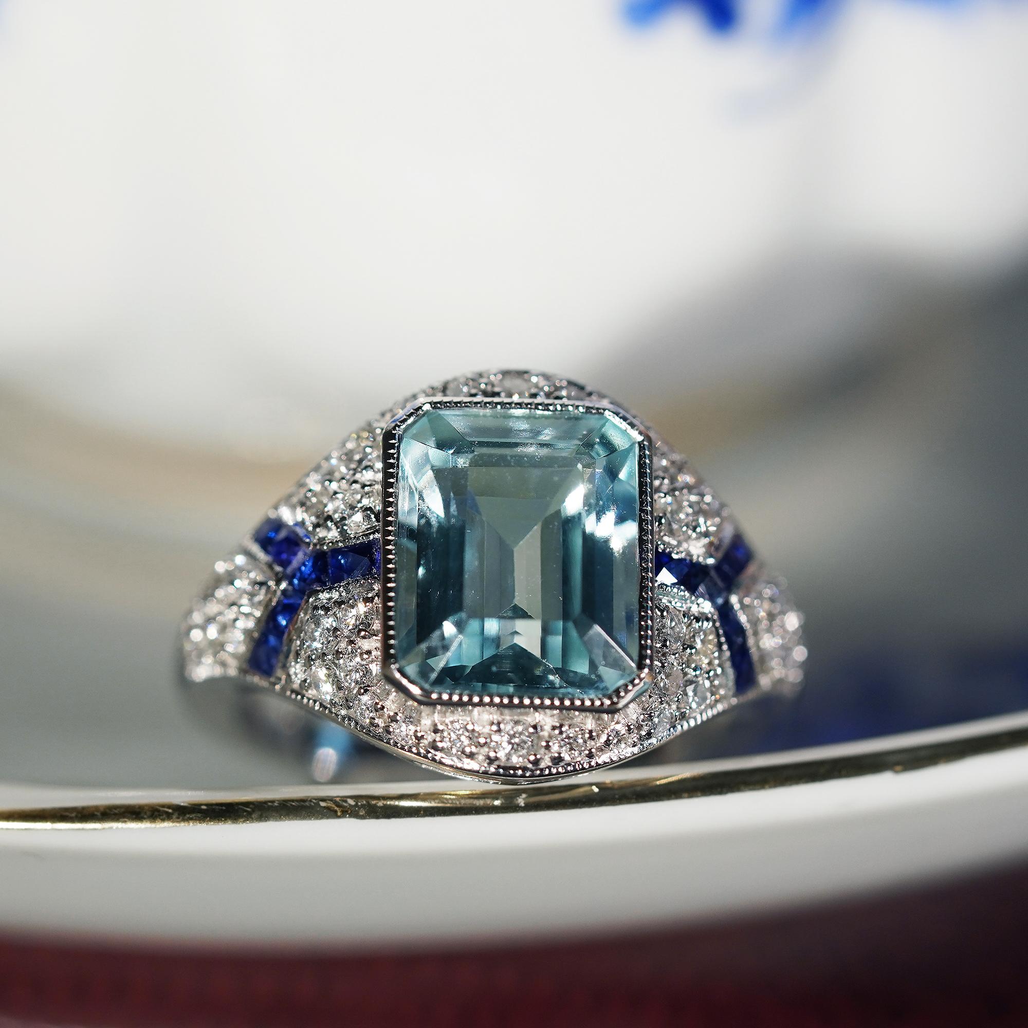 Emerald Cut Aquamarine Blue Sapphire Diamond Art Deco Style Engagement Ring in 14K Gold For Sale