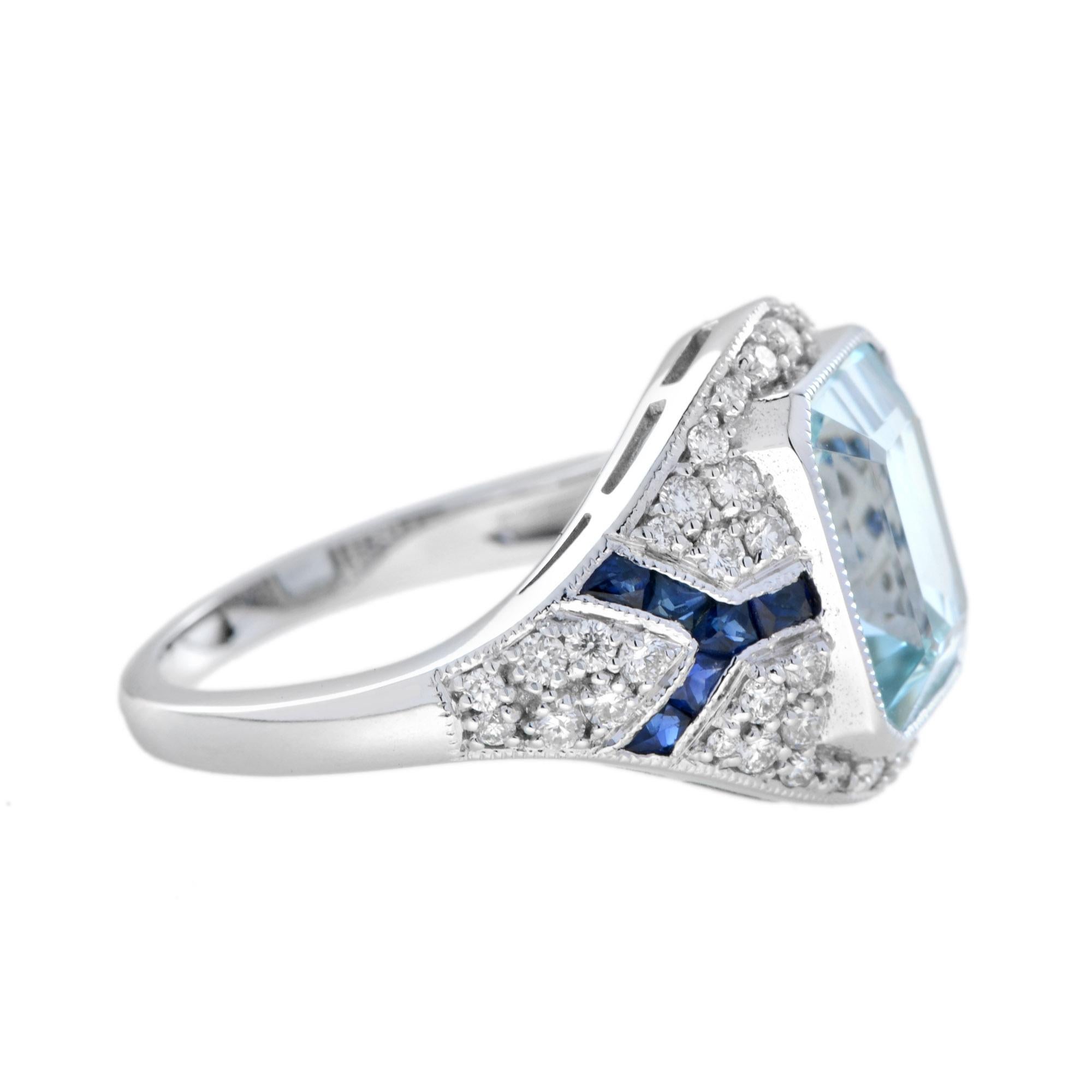 Women's Aquamarine Blue Sapphire Diamond Art Deco Style Engagement Ring in 14K Gold For Sale