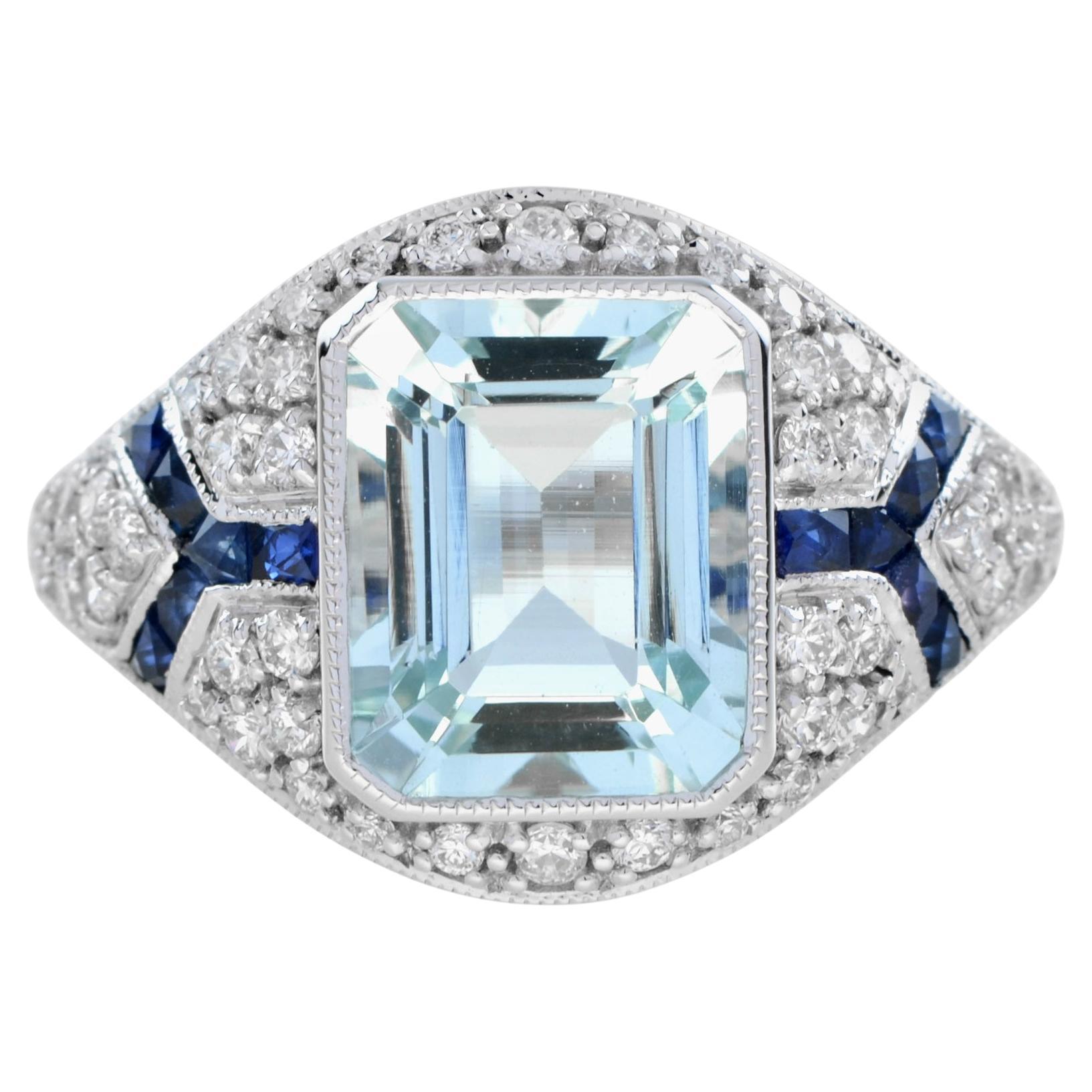 Bague de fiançailles de style Art déco en or 14 carats avec aigue-marine, saphir bleu et diamant en vente