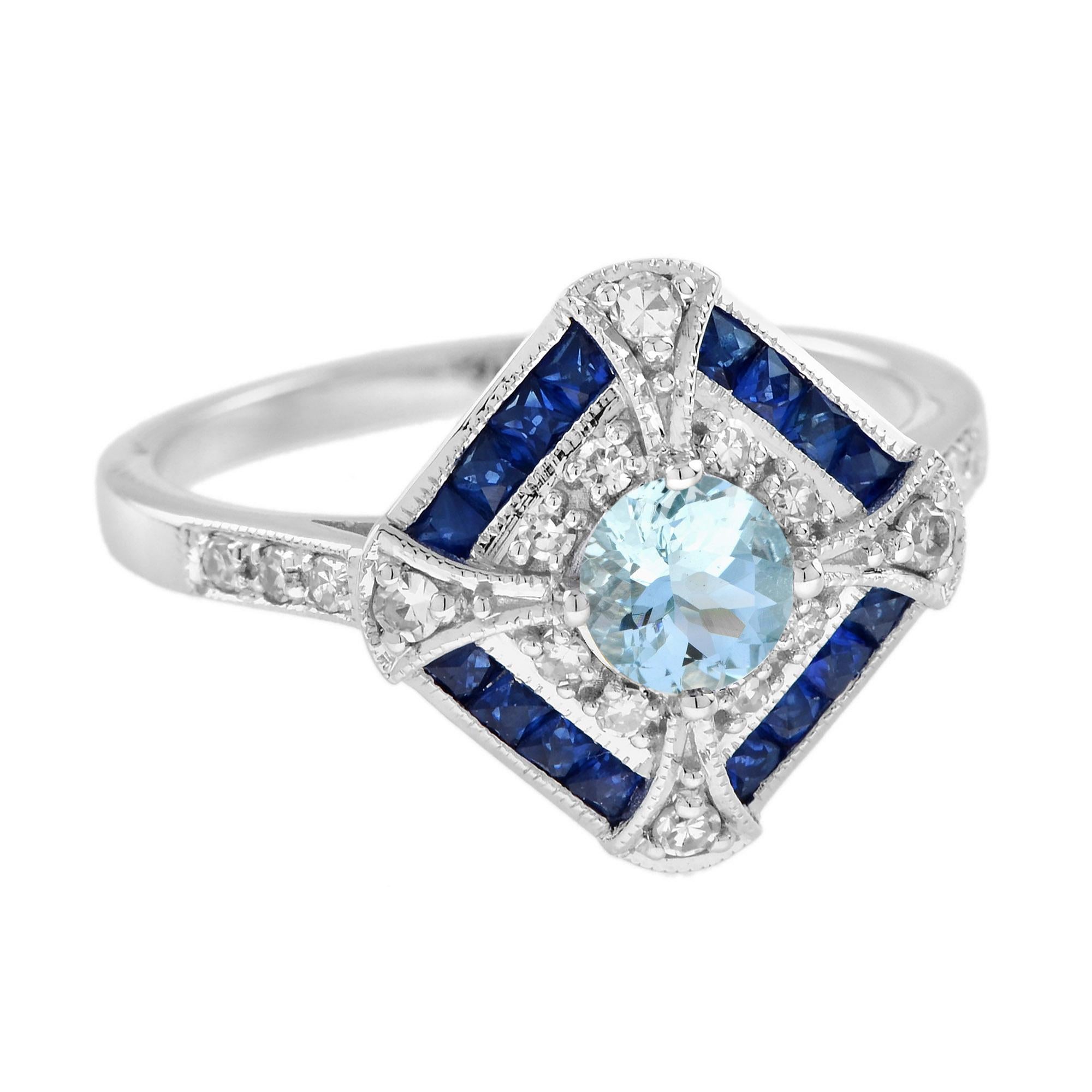 Round Cut Aquamarine Blue Sapphire Diamond Art Deco Style Ring in 18K White Gold For Sale