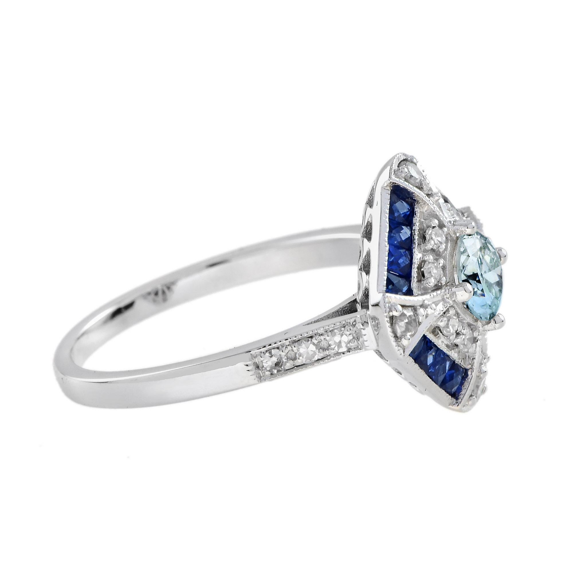 Aquamarine Blue Sapphire Diamond Art Deco Style Ring in 18K White Gold In New Condition For Sale In Bangkok, TH