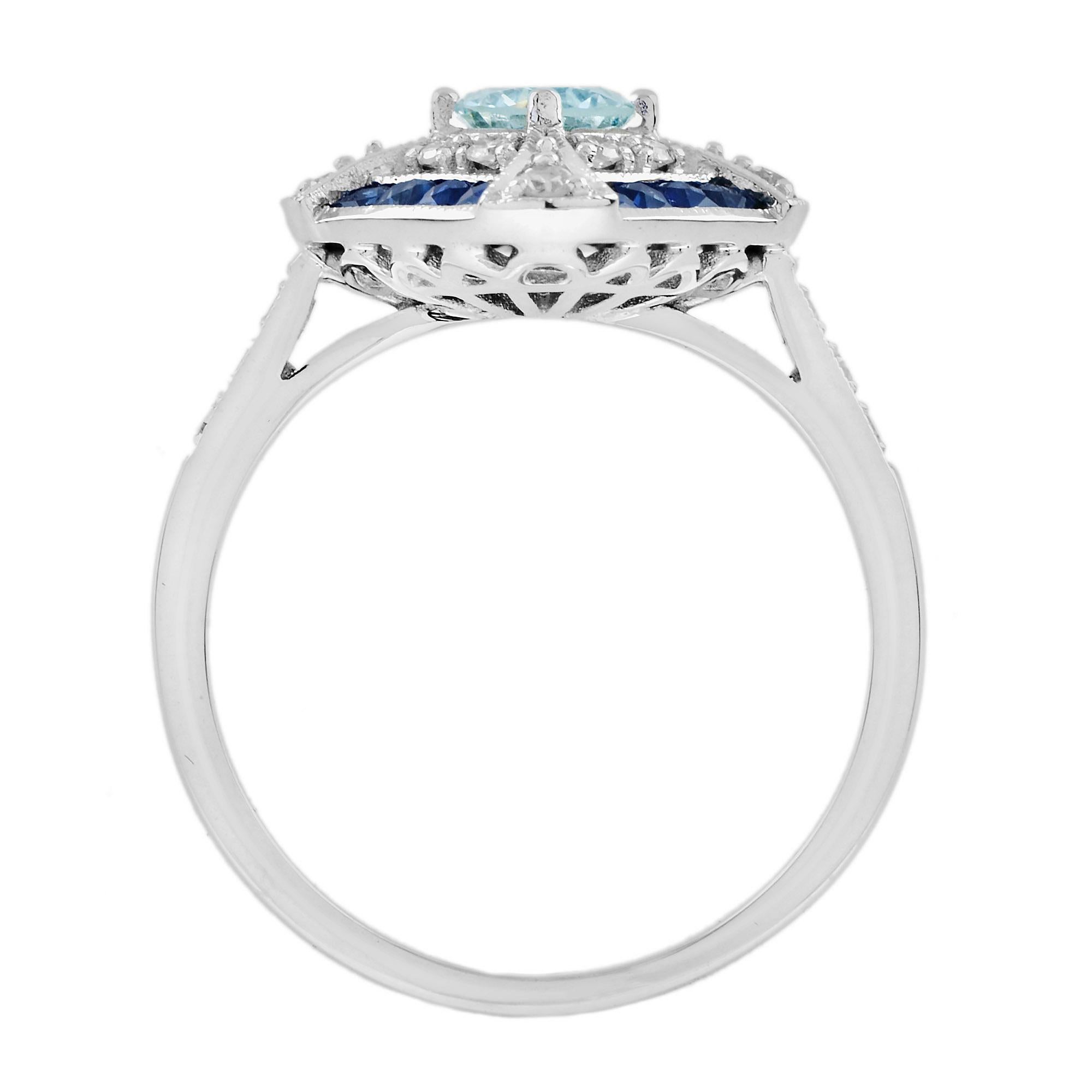 Aquamarine Blue Sapphire Diamond Art Deco Style Ring in 18K White Gold For Sale 1