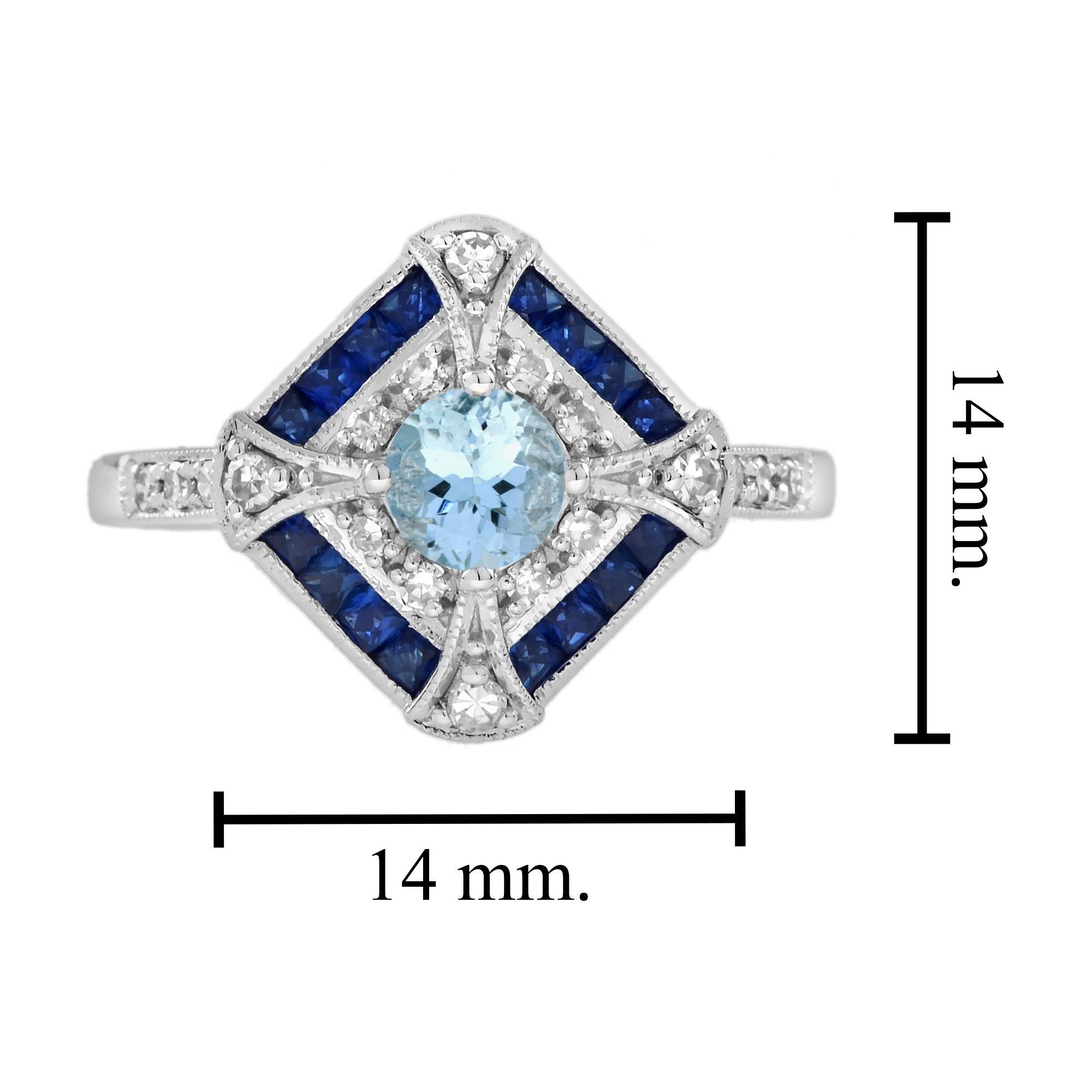 Aquamarine Blue Sapphire Diamond Art Deco Style Ring in 18K White Gold For Sale 2