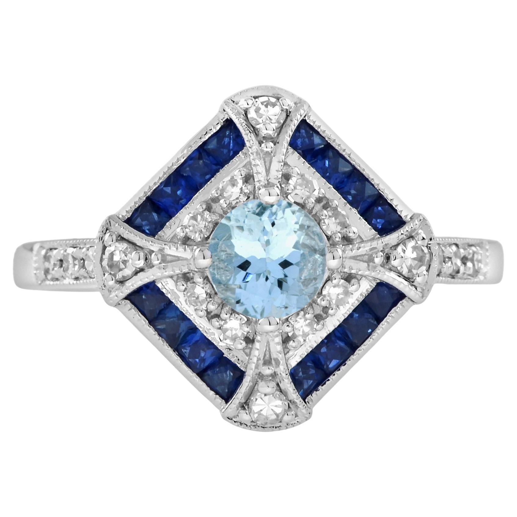 Aquamarine Blue Sapphire Diamond Art Deco Style Ring in 18K White Gold