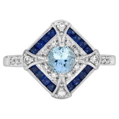 Aguamarina Zafiro Azul Diamante Anillo Estilo Art Decó en Oro Blanco de 18K