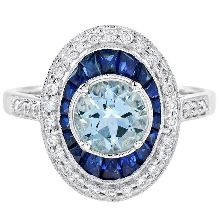 Aquamarine Blue Sapphire Diamond Cocktail Ring