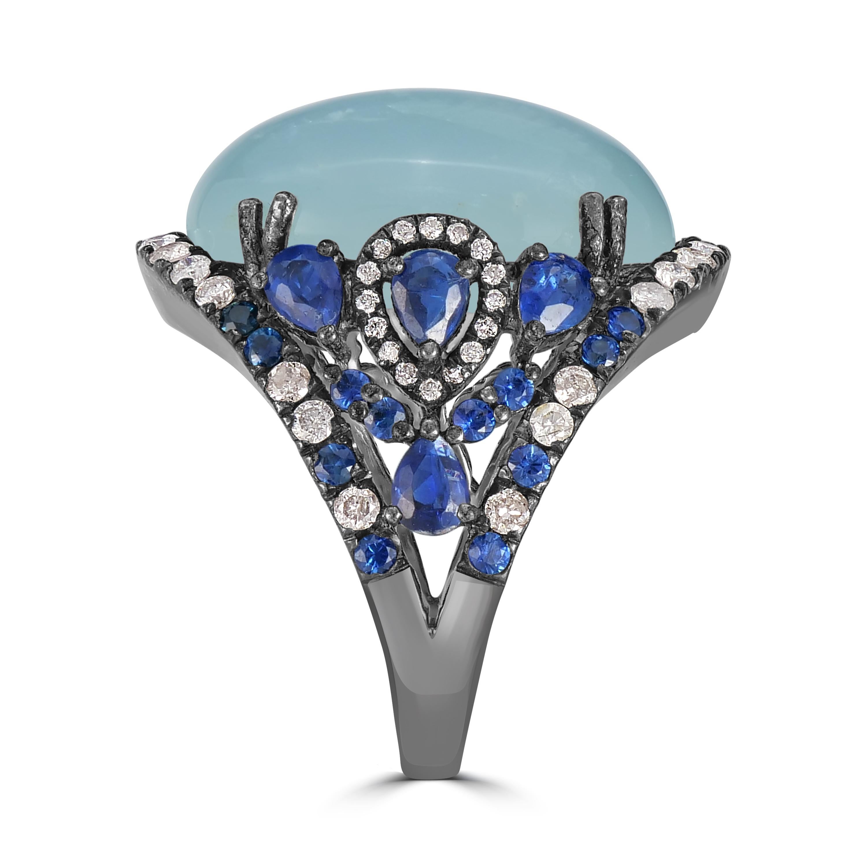 Cabochon Aquamarine, Blue Sapphire, Kyanite and Diamond Victorian Split Shank Dome Ring  For Sale