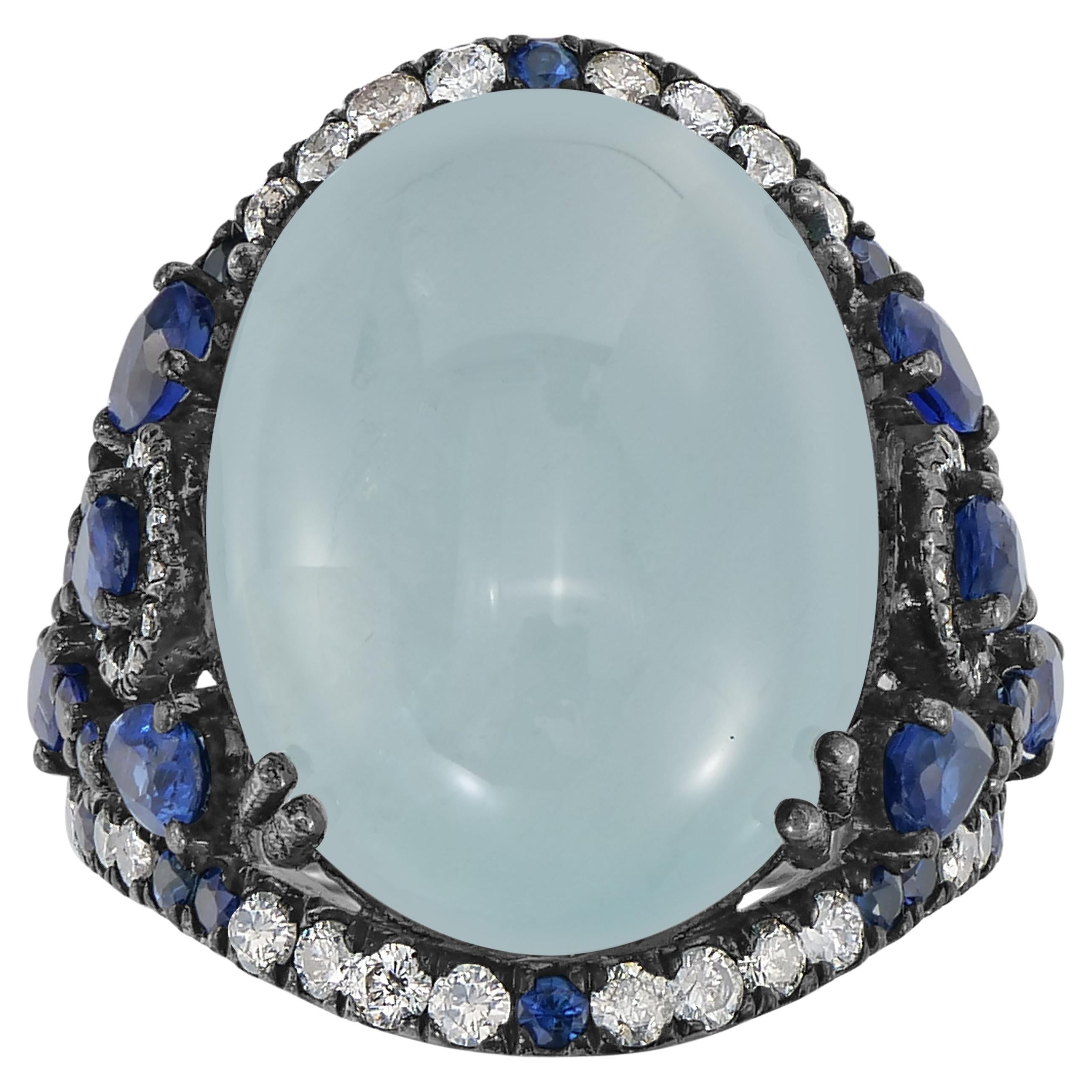 Aquamarin, Blauer Saphir, Kyanit und Diamant Victorian Split Shank Dome Ring 