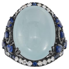 Aigue-marine, saphir bleu, disthène et diamant Bague victorienne à dôme et à pans coupés 