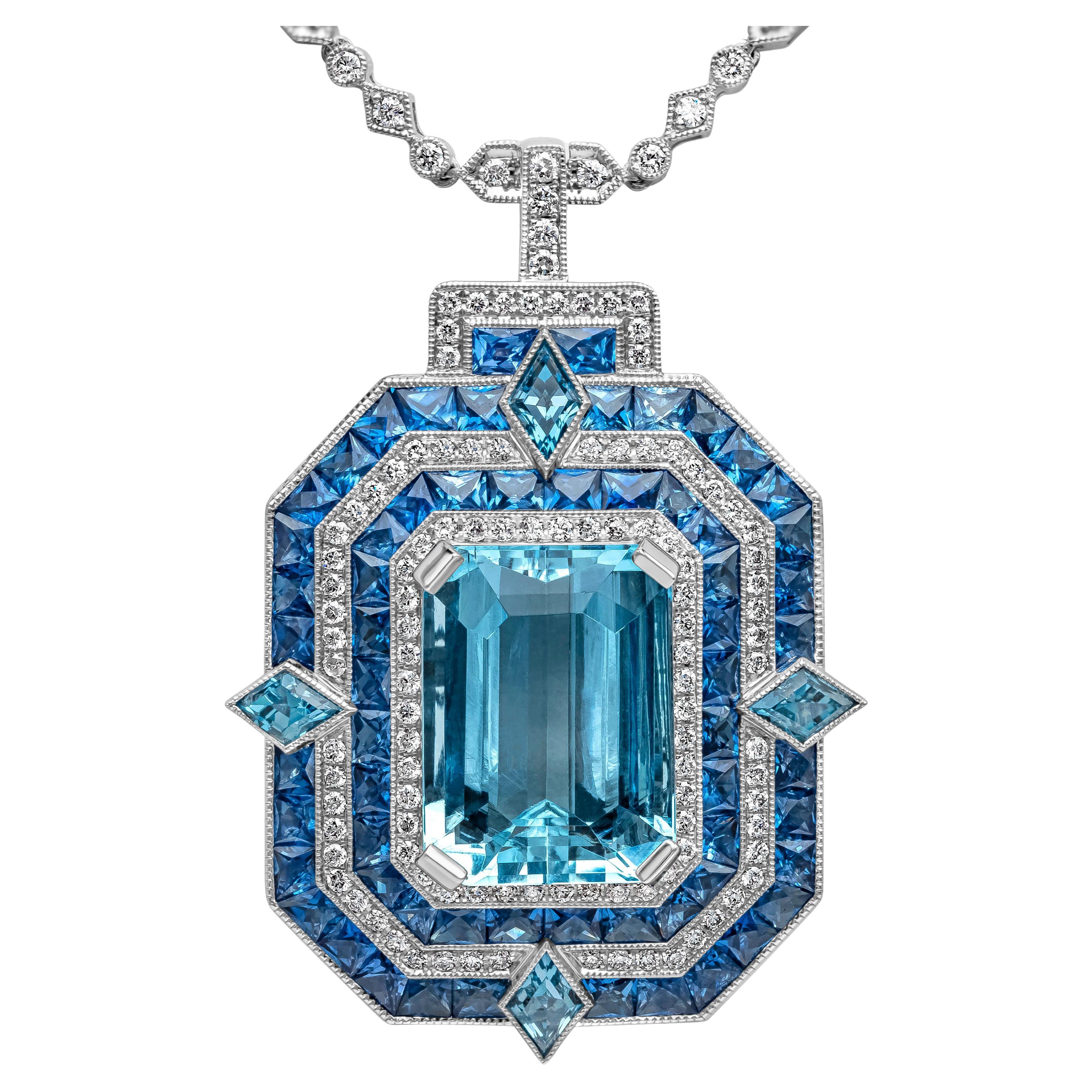 Aquamarine, Blue Sapphire, London Topaz, and Diamond Pendant Necklace