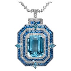 Aquamarine, Blue Sapphire, London Topaz, and Diamond Pendant Necklace
