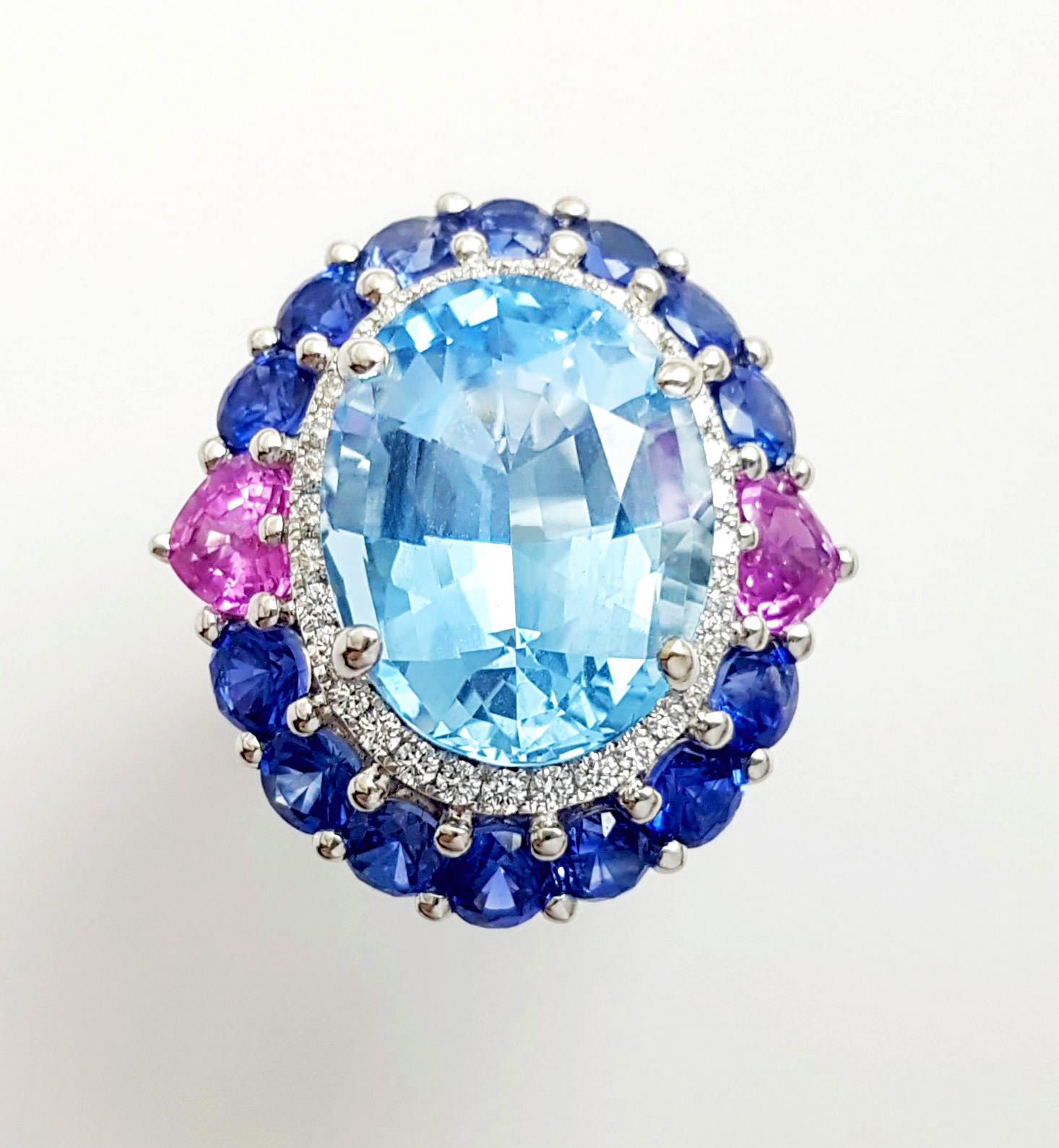 Ring aus 18 Karat Weißgold mit Aquamarin, blauem Saphir, rosa Saphir und Diamant im Angebot 4