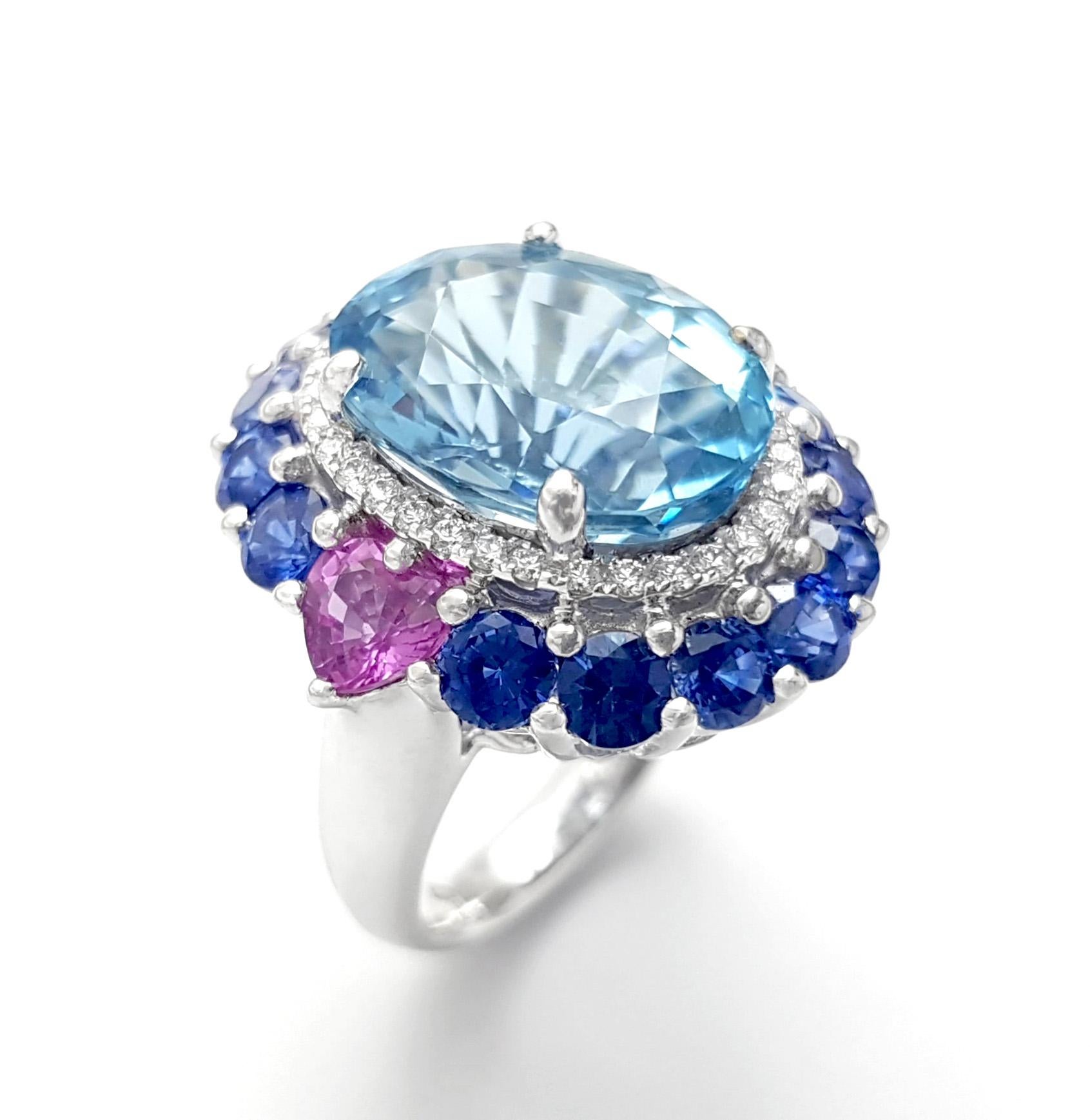 Ring aus 18 Karat Weißgold mit Aquamarin, blauem Saphir, rosa Saphir und Diamant im Angebot 6