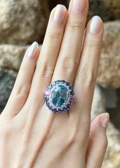 Aquamarine, Blue Sapphire, Pink Sapphire and Diamond Ring 18K White Gold