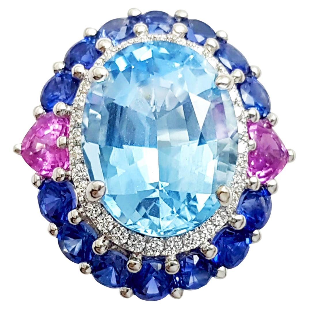 Anillo Aguamarina, Zafiro Azul, Zafiro Rosa y Diamante Oro Blanco 18K