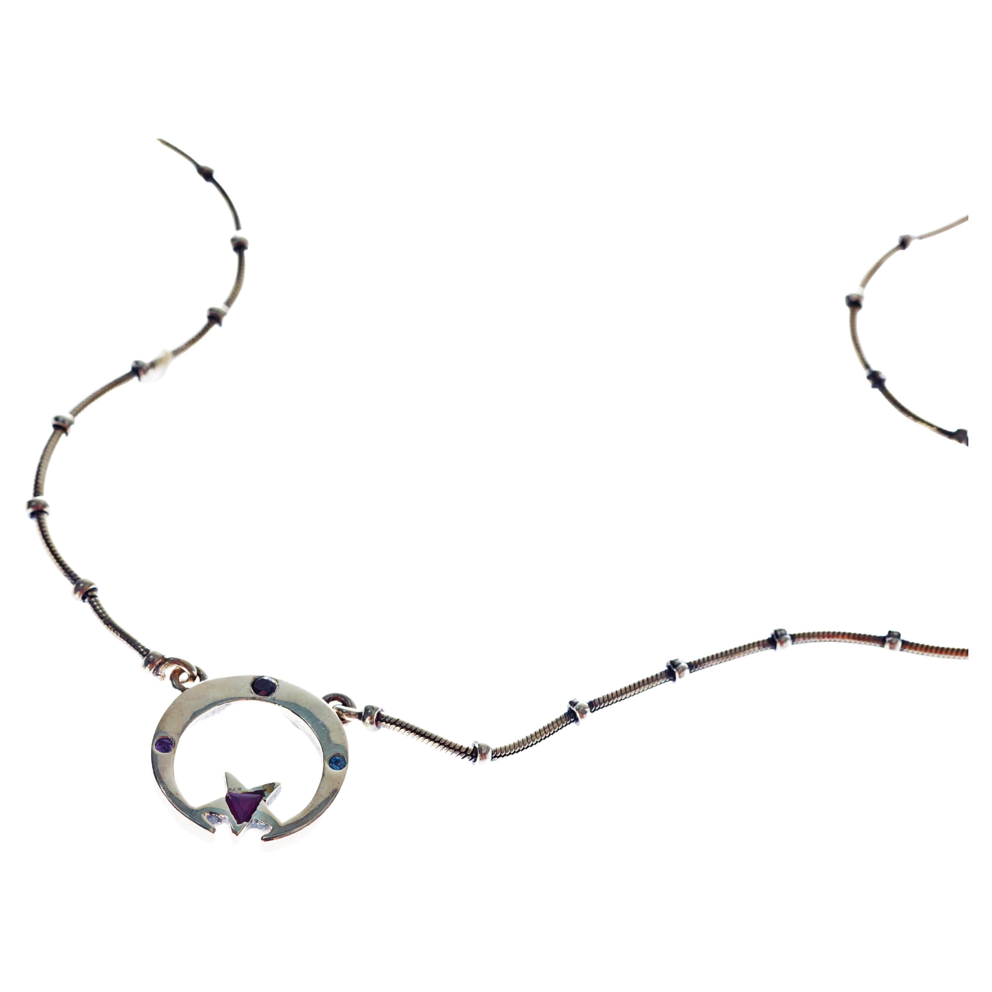 Aquamarin Blau Saphir Rubin Smaragd Mondsichel Stern Halskette Silber Kette (Zeitgenössisch) im Angebot