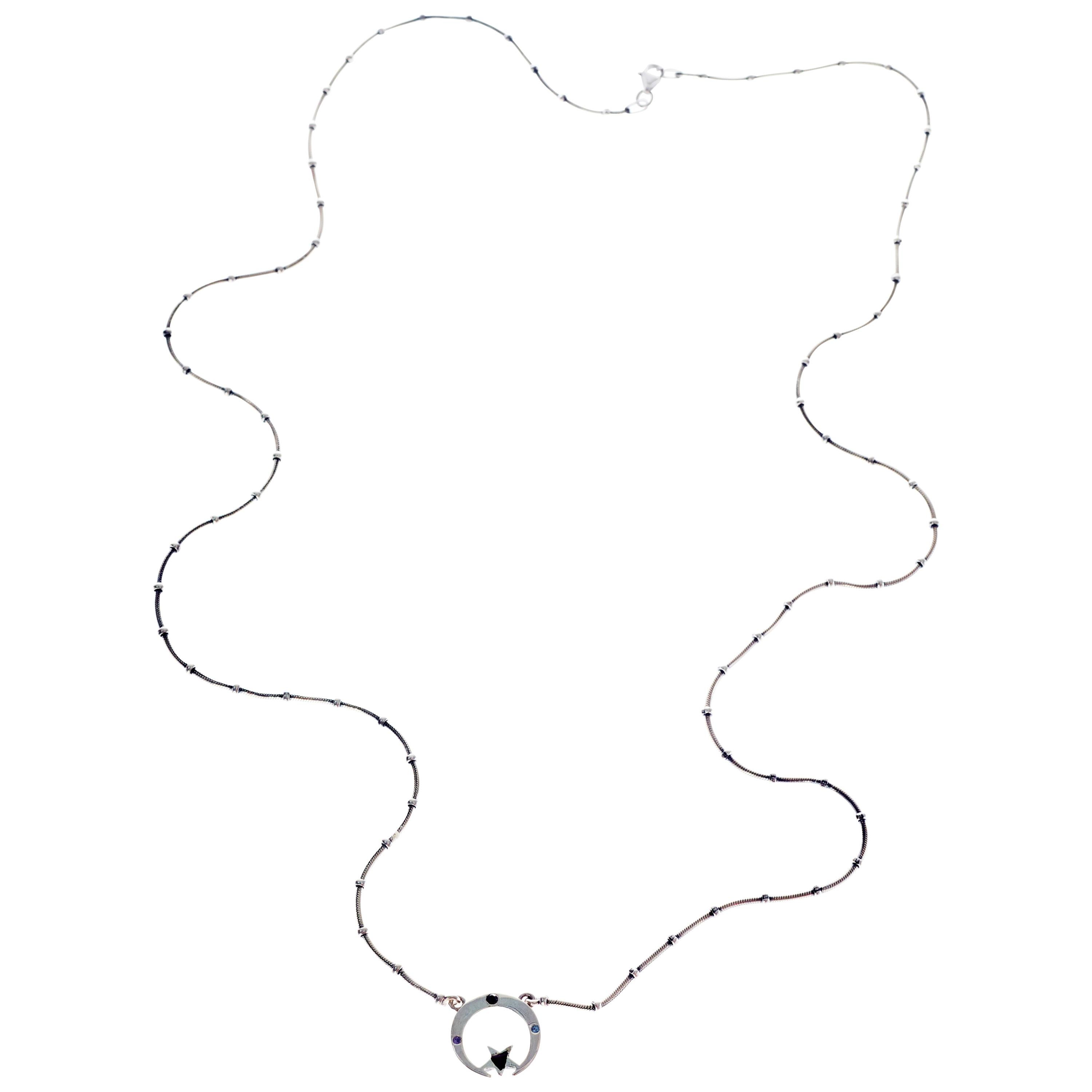 Aquamarin Blau Saphir Rubin Smaragd Mondsichel Stern Halskette Silber Kette (Rundschliff) im Angebot