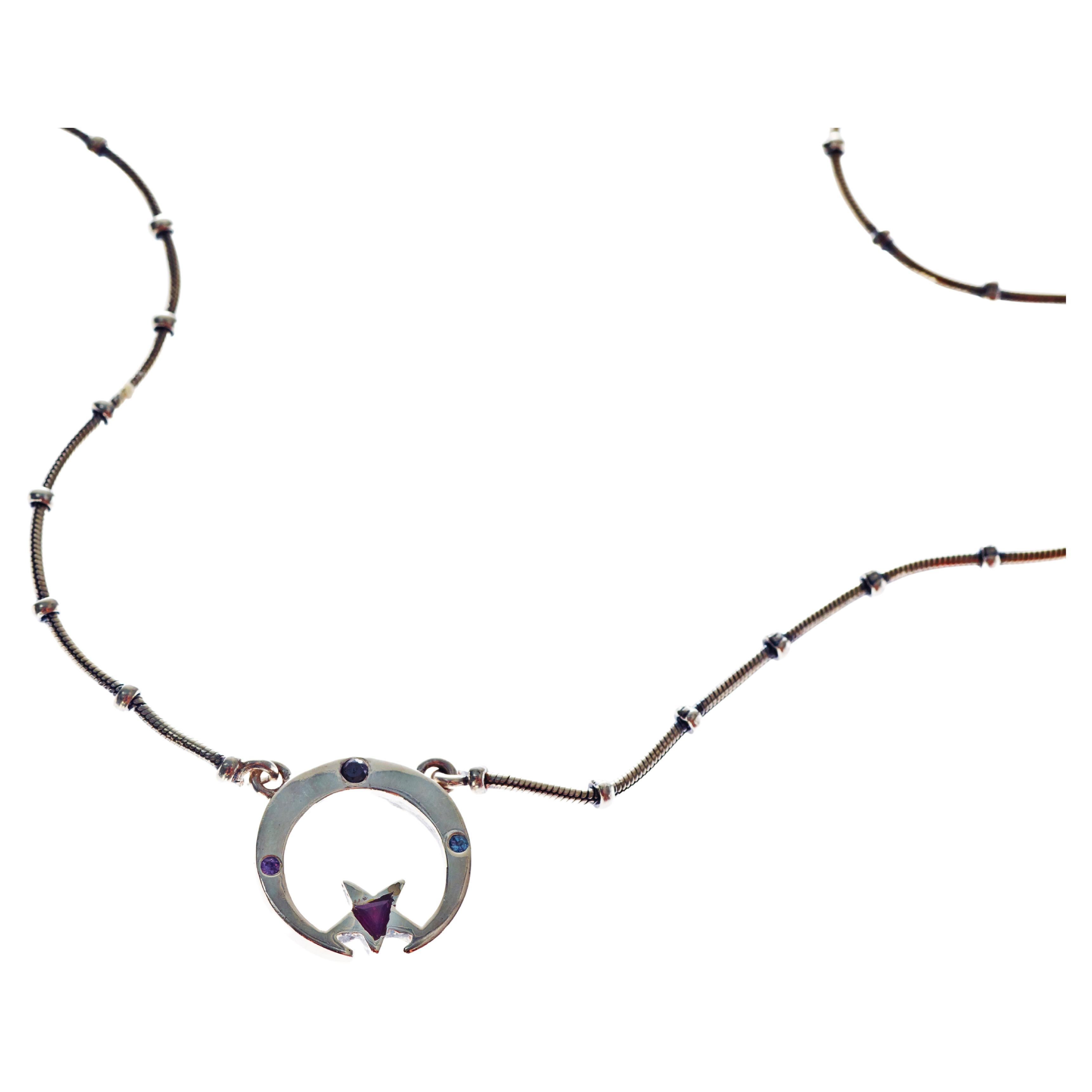 Aquamarin Blau Saphir Rubin Smaragd Mondsichel Stern Halskette Silber Kette im Angebot
