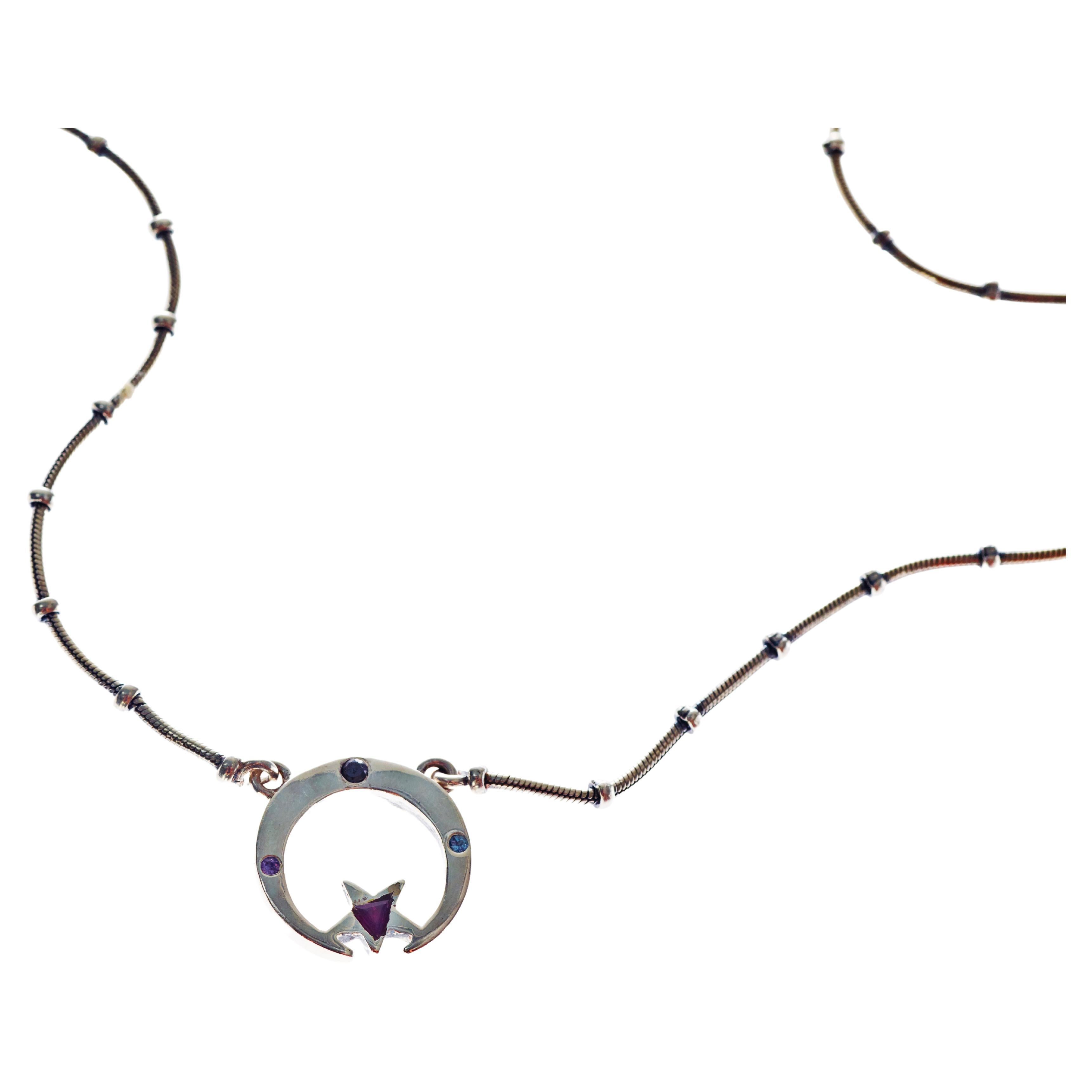 Aguamarina Azul Zafiro Rubí Esmeralda Media Luna Estrella Collar Cadena de Plata