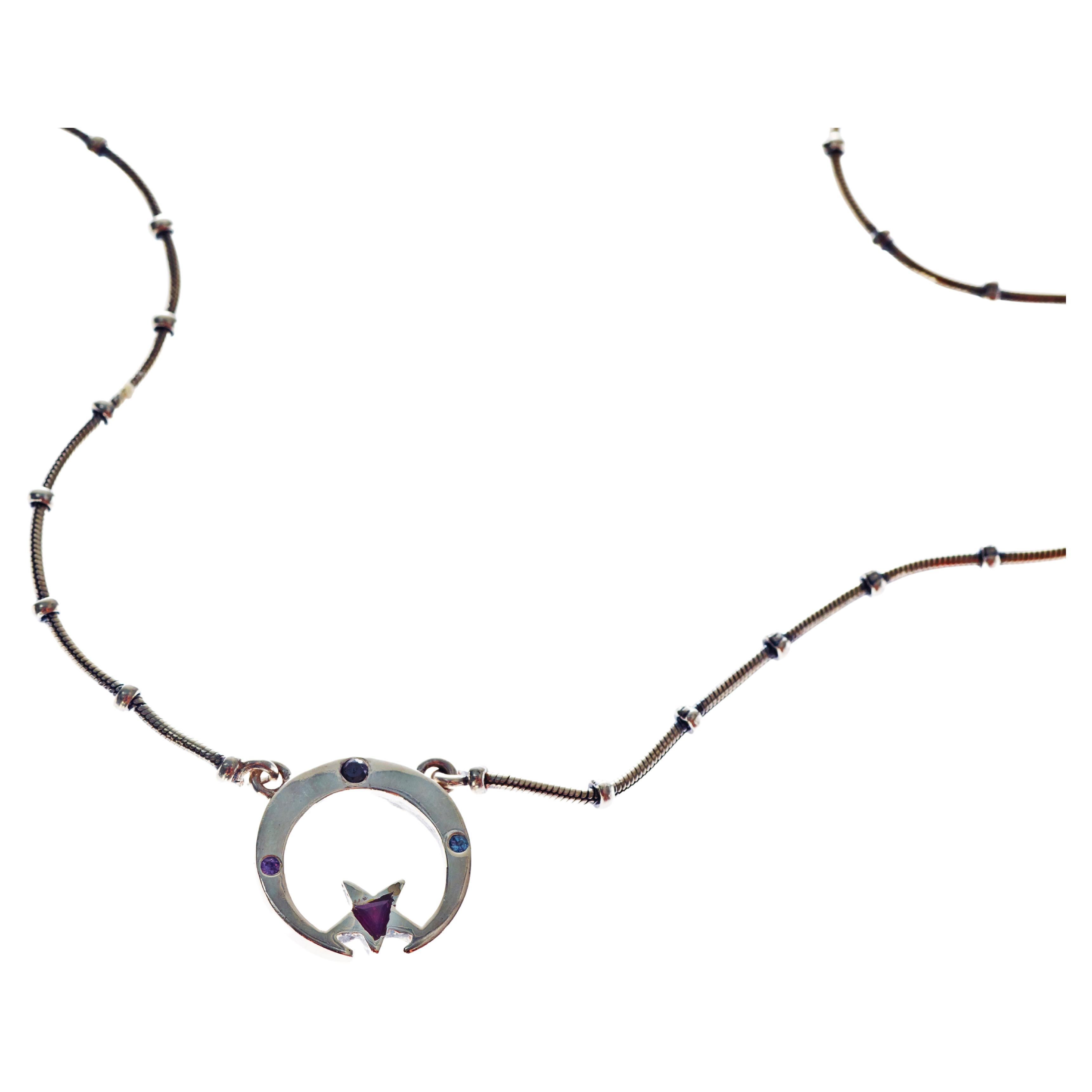 Aiguemarine Bleu Saphir Rubis Emeraude Croissant de Lune Etoile Collier Chaîne d'Argent