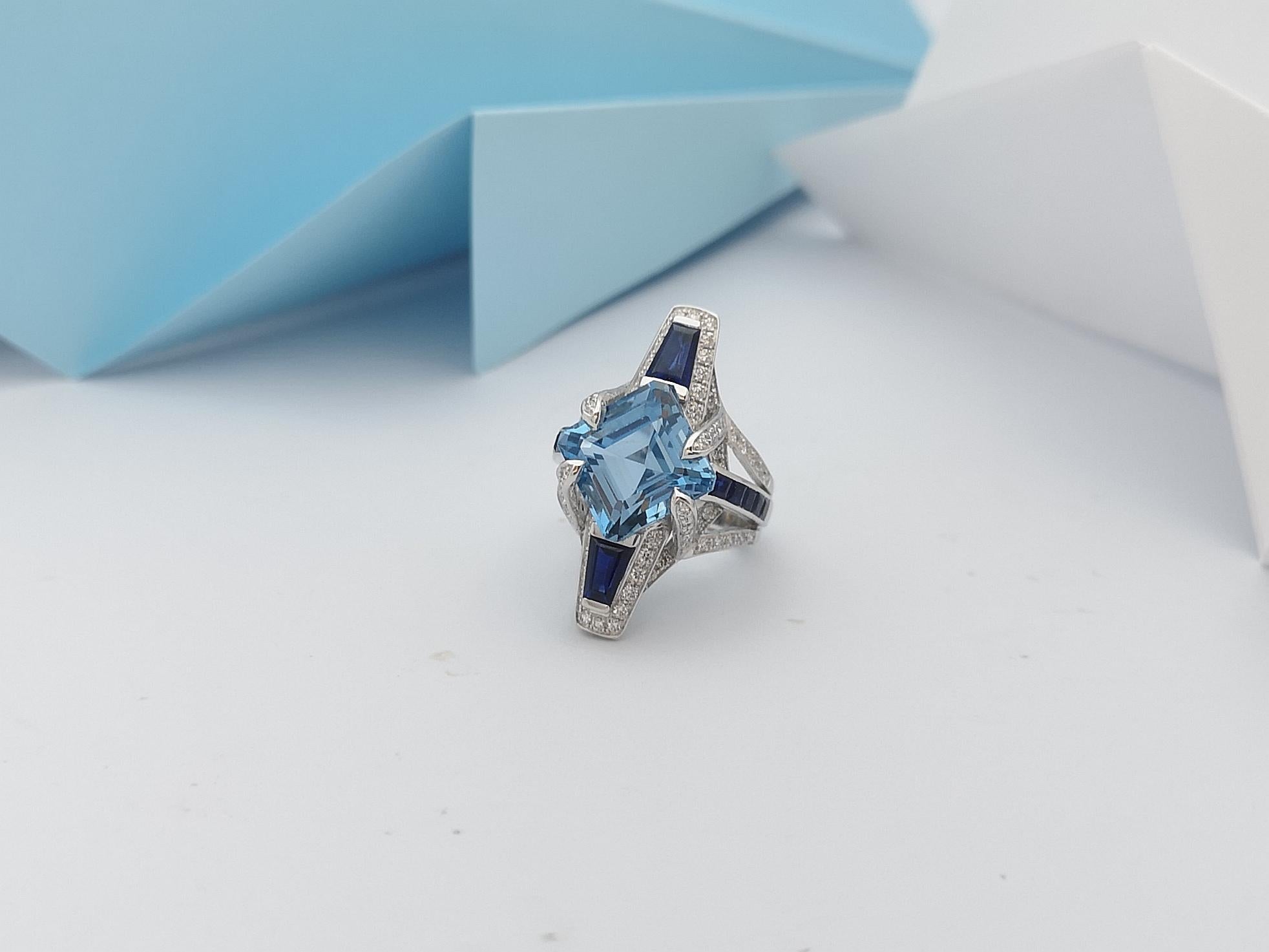 Aquamarine, Blue Sapphire with Diamond Ring Set in 18 Karat White Gold Settings For Sale 4