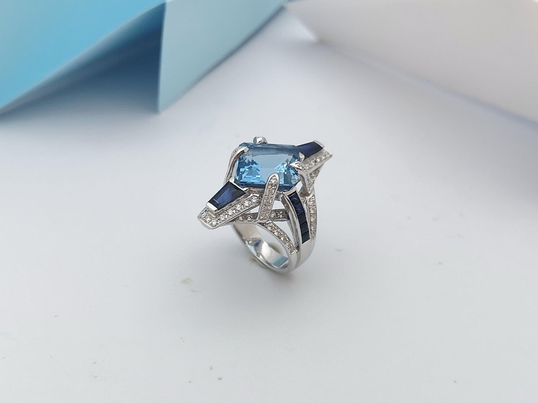 Aquamarine, Blue Sapphire with Diamond Ring Set in 18 Karat White Gold Settings For Sale 13