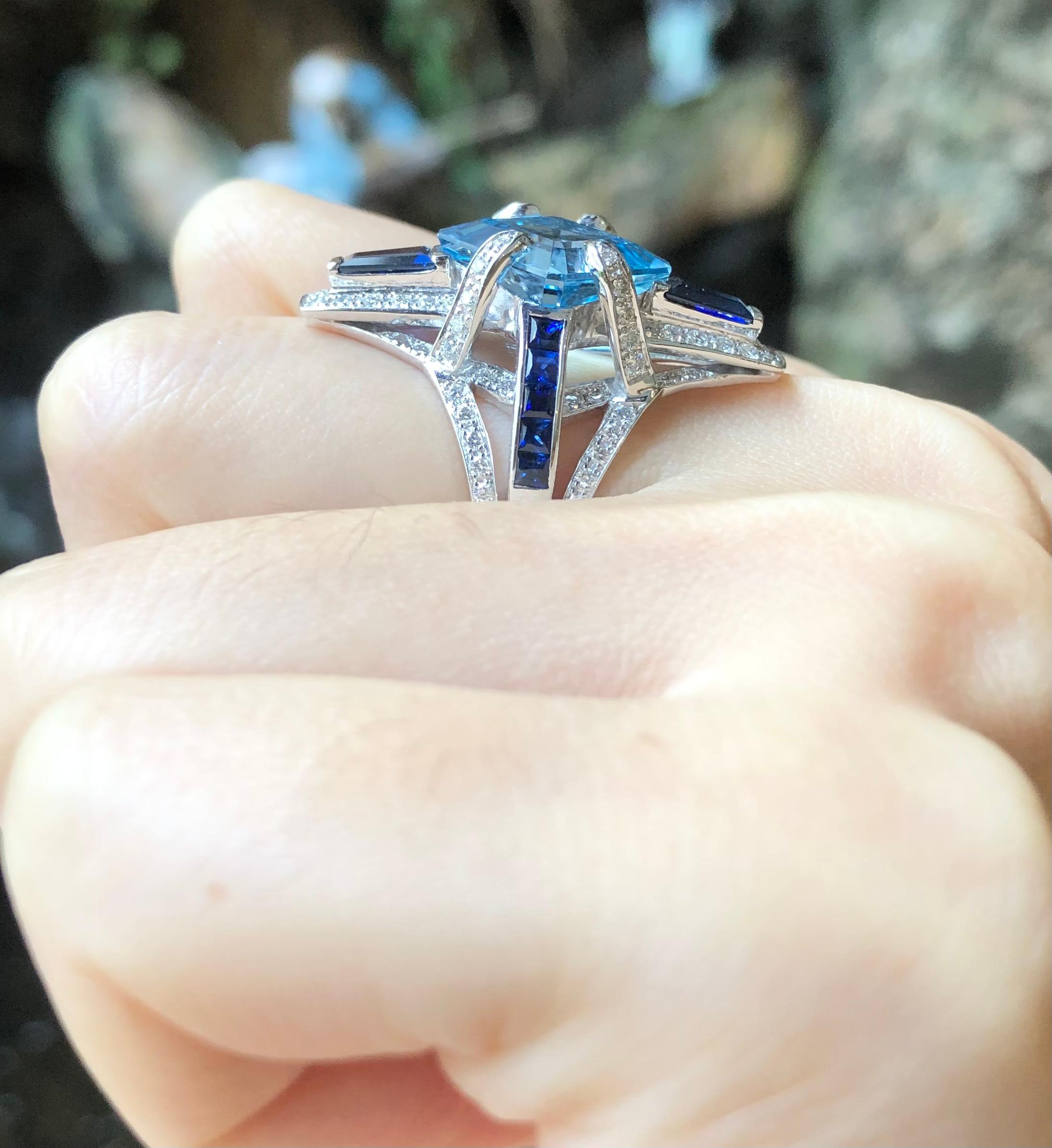 Women's Aquamarine, Blue Sapphire with Diamond Ring Set in 18 Karat White Gold Settings For Sale