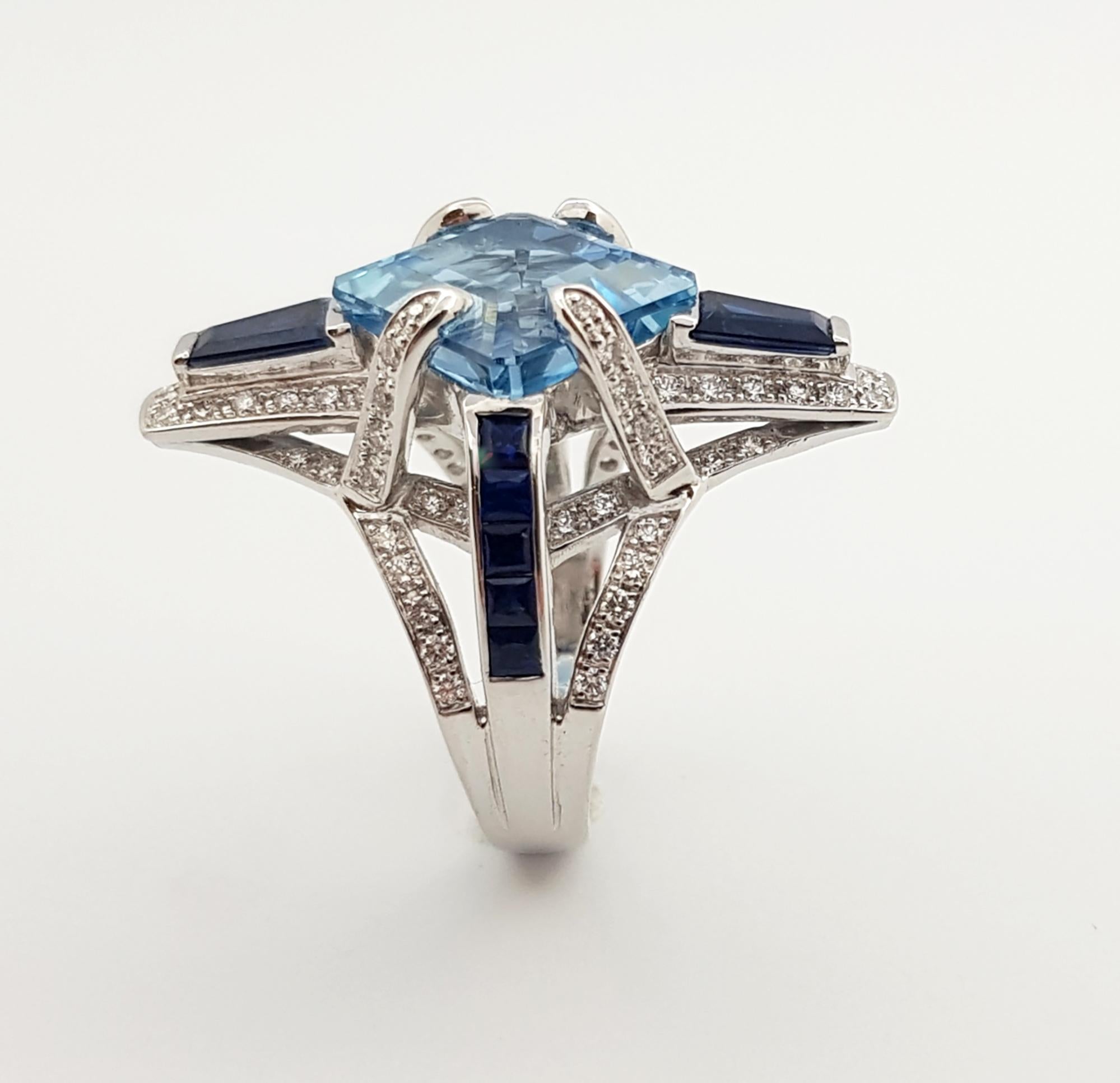 Aquamarine, Blue Sapphire with Diamond Ring Set in 18 Karat White Gold Settings For Sale 2