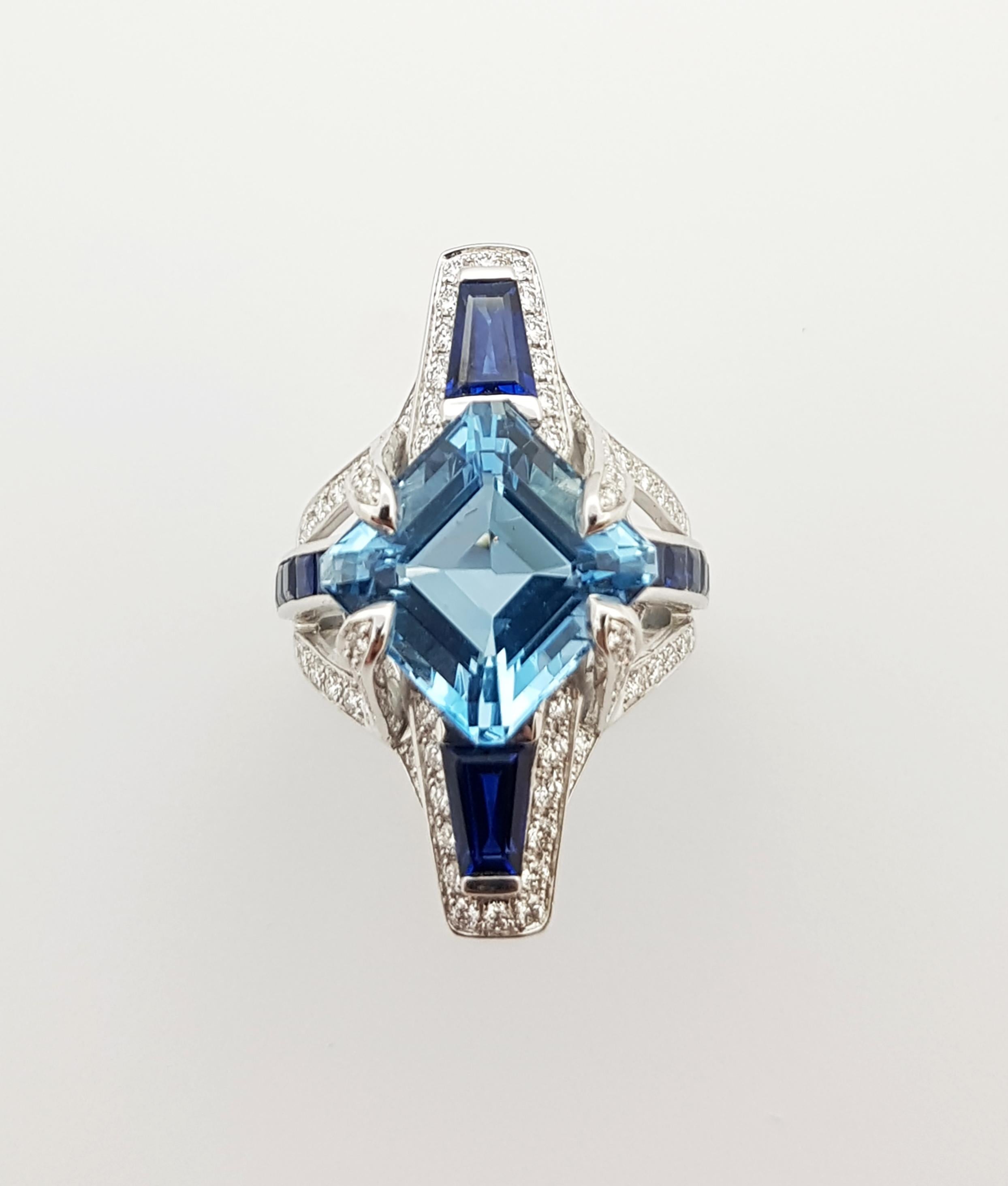Aquamarine, Blue Sapphire with Diamond Ring Set in 18 Karat White Gold Settings For Sale 3