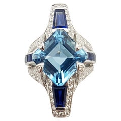 Aquamarine, Blue Sapphire with Diamond Ring Set in 18 Karat White Gold Settings