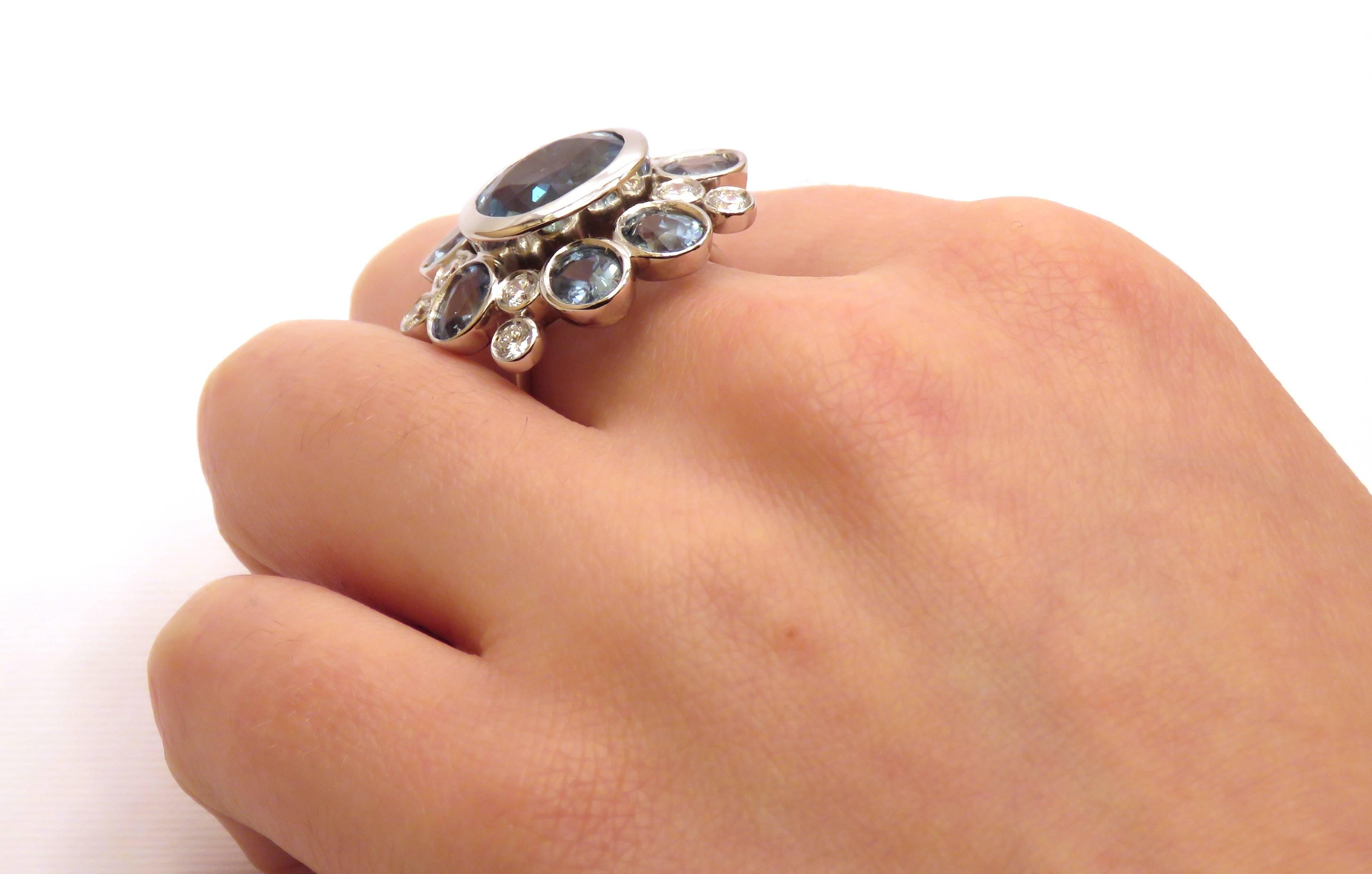 Brilliant Cut Aquamarine Sapphires Diamonds White Gold Cocktail Ring Handcrafted in Italy