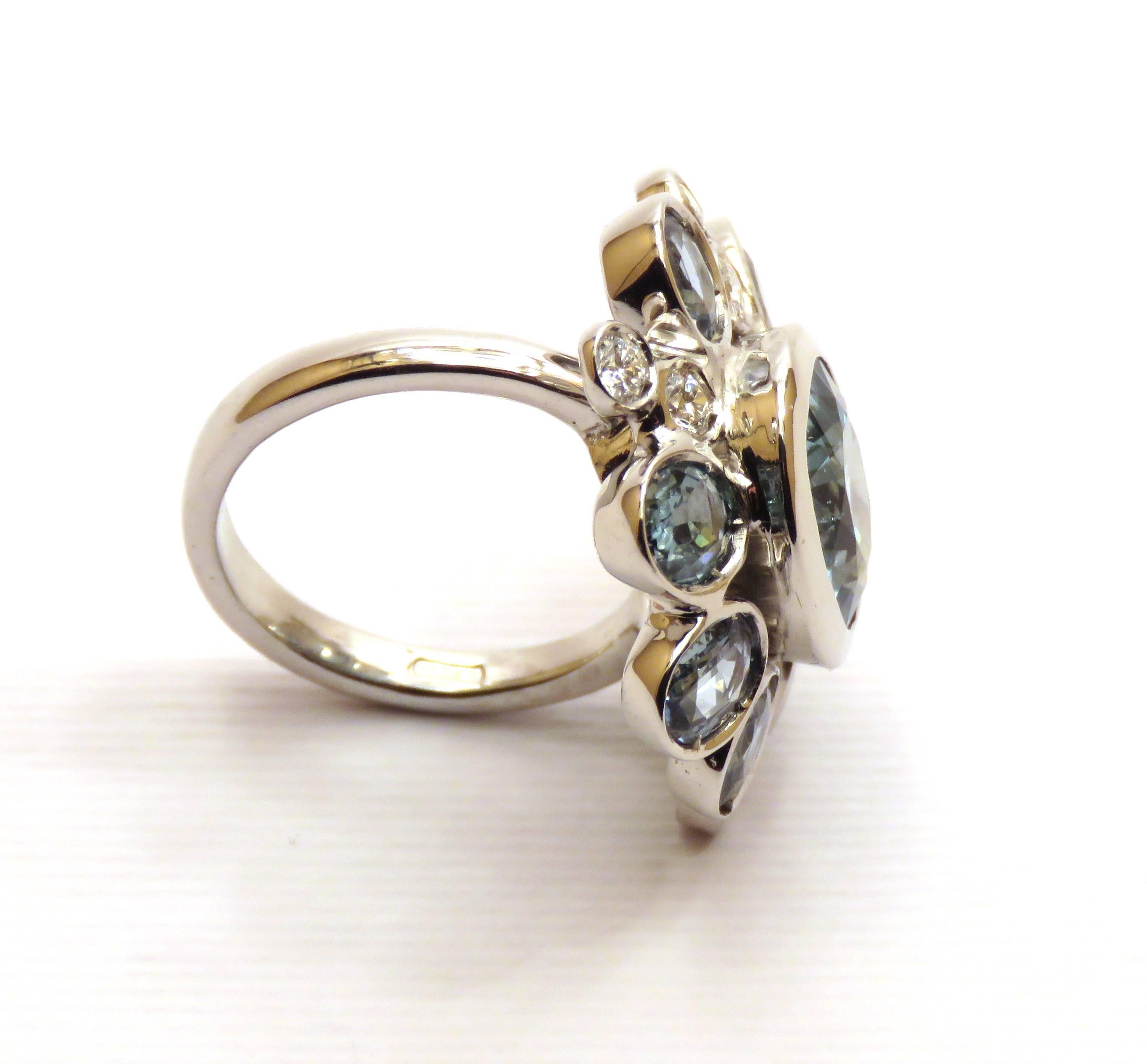 Women's Aquamarine Sapphires Diamonds White Gold Cocktail Ring Handcrafted in Italy