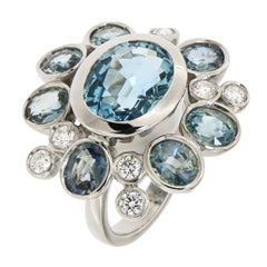 Aquamarine Sapphires Diamonds White Gold Cocktail Ring Handcrafted in Italy