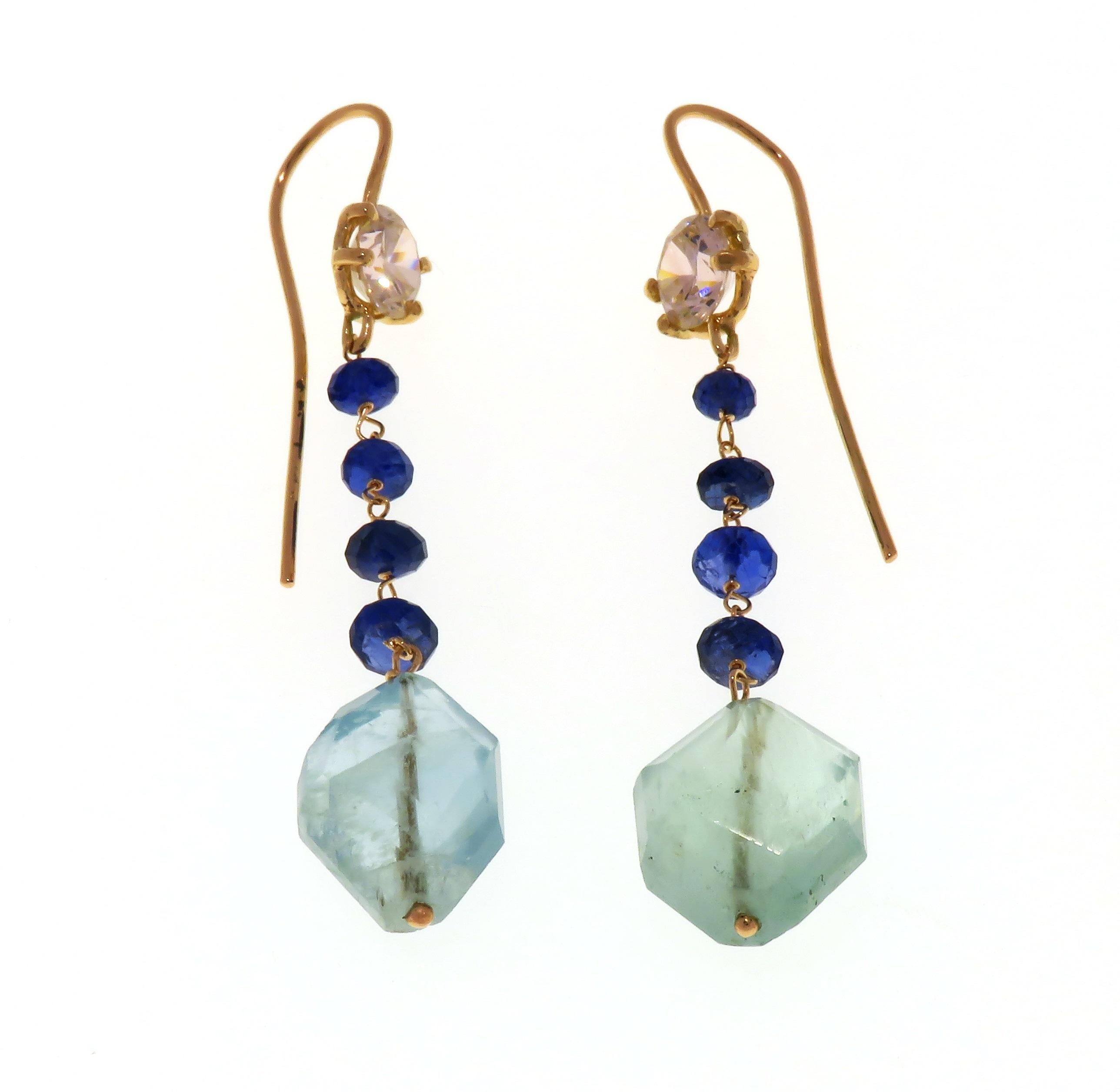 Brilliant Cut Aquamarine Blue Sapphires Quartz 9 Karat Rose Gold Dangle Earrings