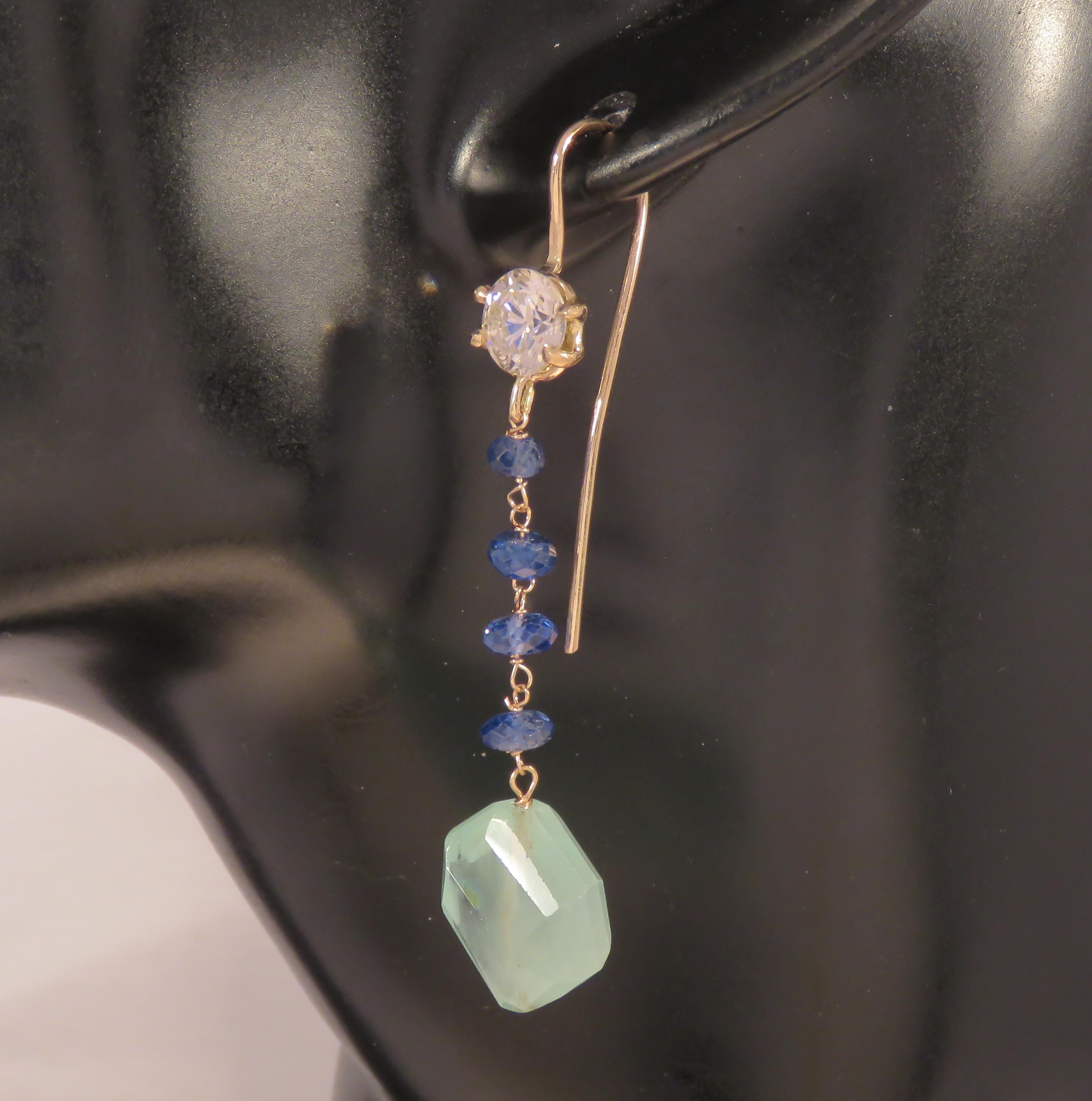 Aquamarine Blue Sapphires Quartz 9 Karat Rose Gold Dangle Earrings In New Condition In Milano, IT