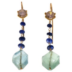 Aquamarine Blue Sapphires Quartz 9 Karat Rose Gold Dangle Earrings