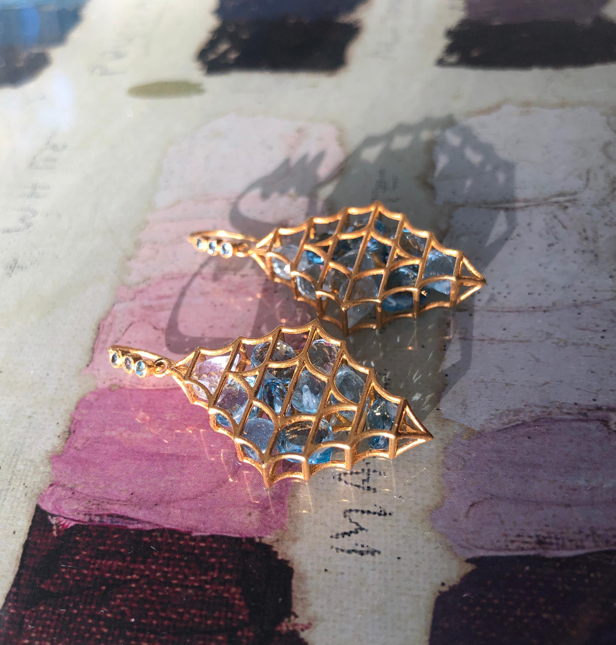 Aquamarine and London Blue Topaz faceted drops move inside these 18kt Gold cage Earrings by Lauren Harper.  Lightweight enough for all day wear, with a great wow factor!  Ships directly from original designer and creator, Lauren Harper, in beautiful