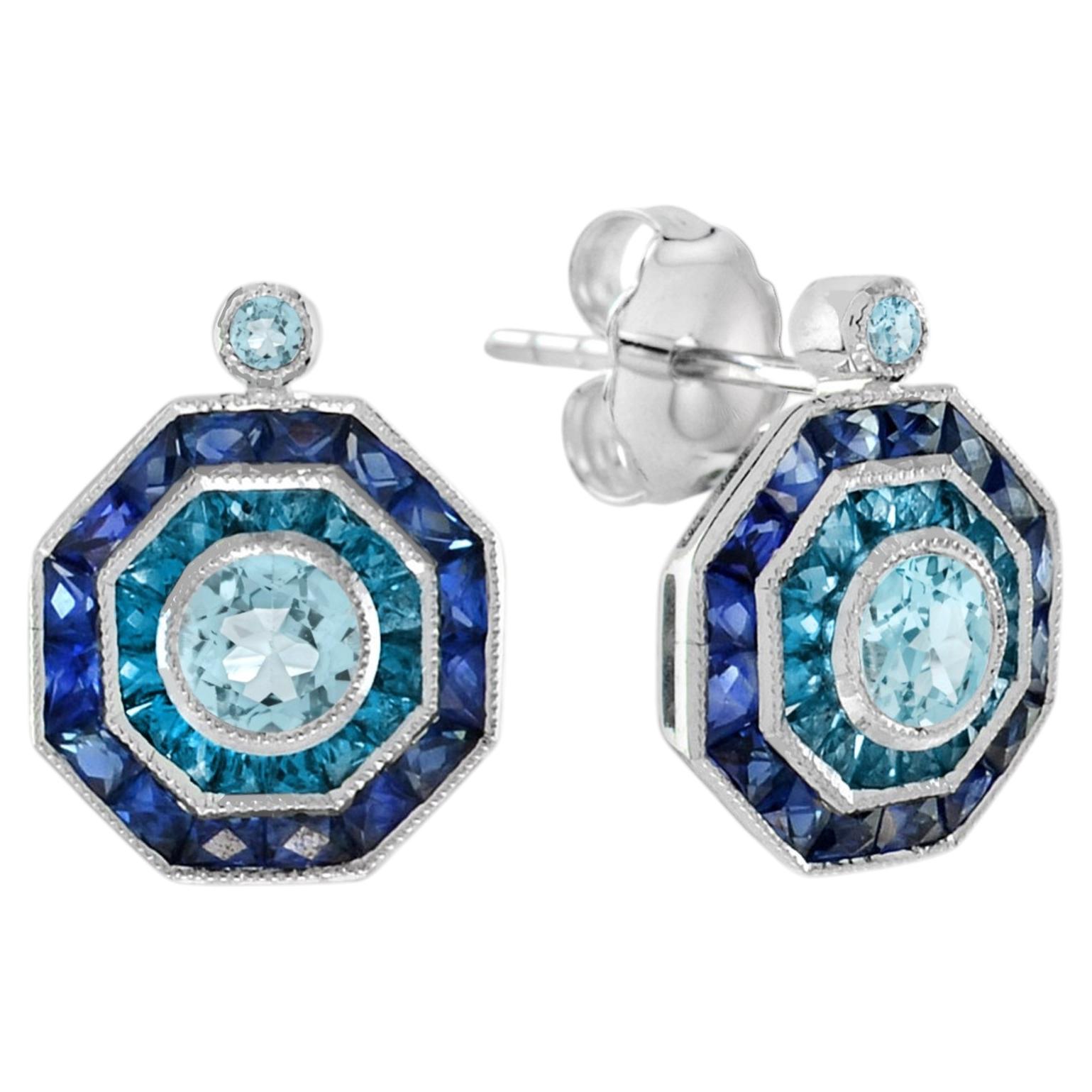 Ohrstecker im Art-Déco-Stil mit Aquamarin, Blauem Topas und Saphir in achteckiger Form, 14 Karat