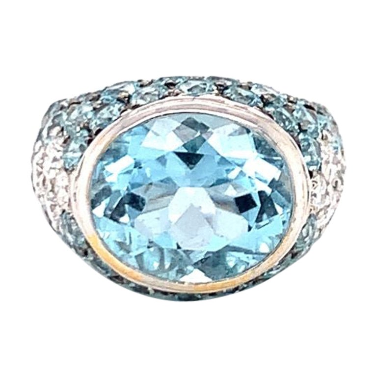 Bague en aigue-marine, zircon bleu et diamant en or blanc 18 carats, vers les années 1970 en vente