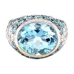 Ring aus 18-karätigem Weißgold mit Aquamarin, blauem Zirkon und Diamant, ca. 1970er Jahre