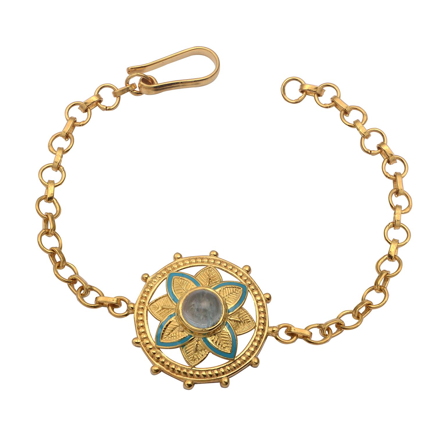 Taille cabochon Bracelet en plaqué or avec émail aigue-marine en vente